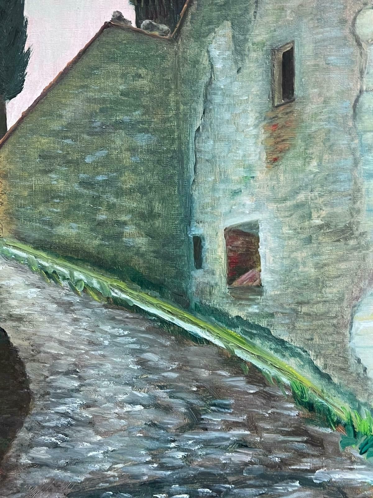 Italian 1950'scypress Tree Old Tuscan Stone Village Houses Winding Lane Signed Oil Painting1950's photo buy