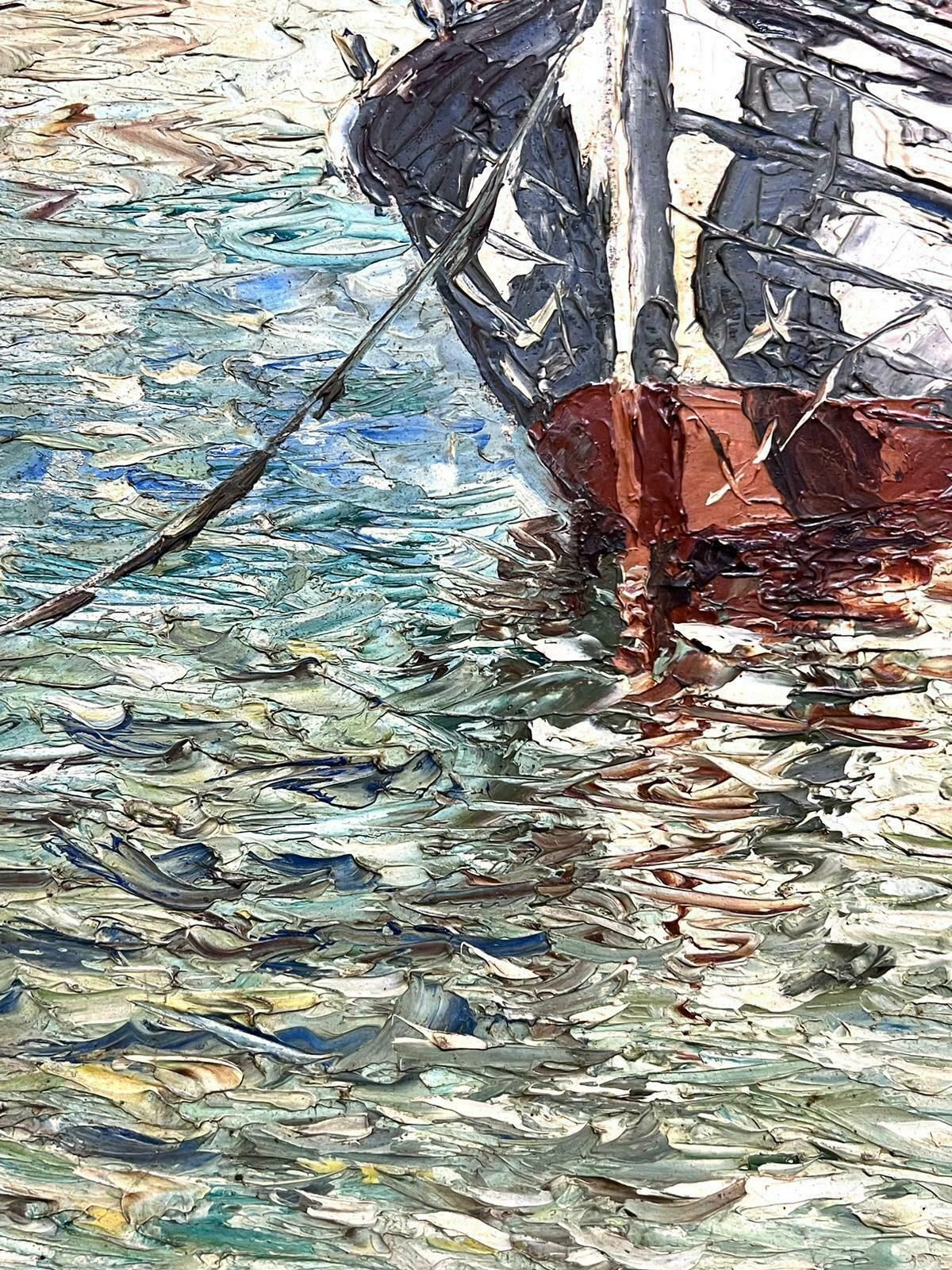 Italian Mid 20th Centurysigned Italian Oil Painting C. 1950's Fishing Boat Sunny Beach Side Sea Scene photo Art