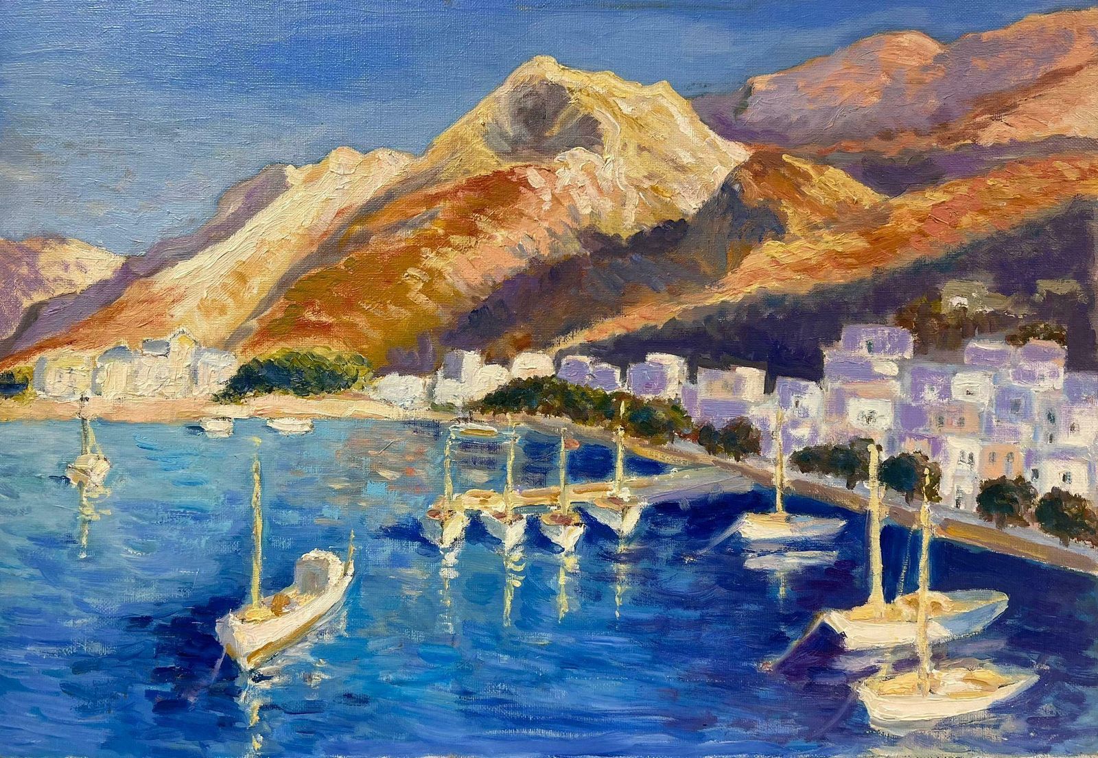 Georges Bordonovecontemporary French Impressionist Oil South Of France Sunny Coastal Harbor