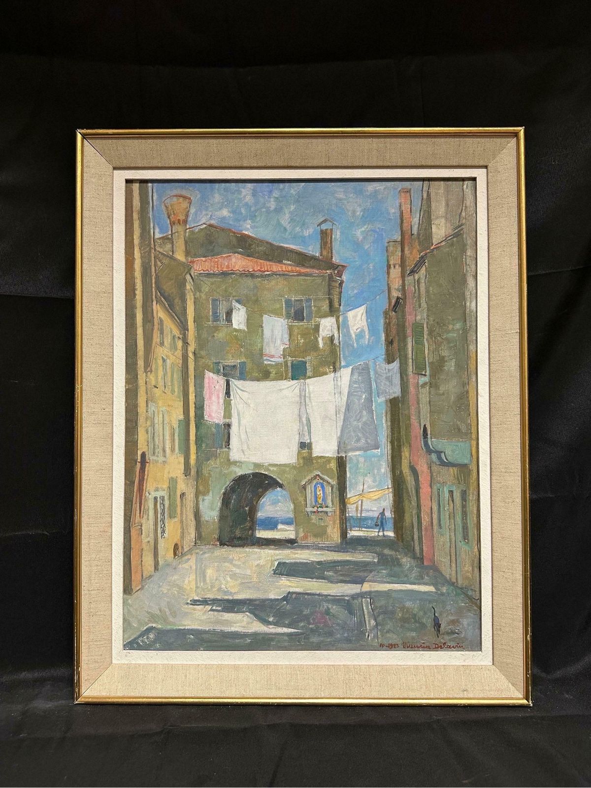 Maurice Delavierfrench Impressionist Oil Painting Clothes Drying Washing Line Venice Courtyard1985 photo furniture