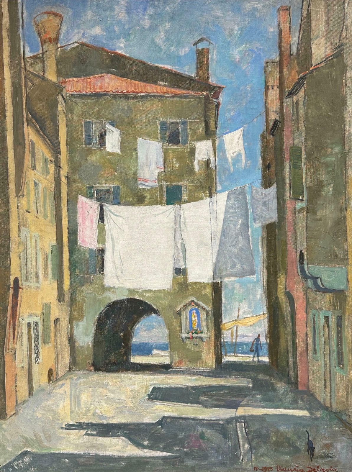 Maurice Delavierfrench Impressionist Oil Painting Clothes Drying Washing Line Venice Courtyard1985 photo for sale