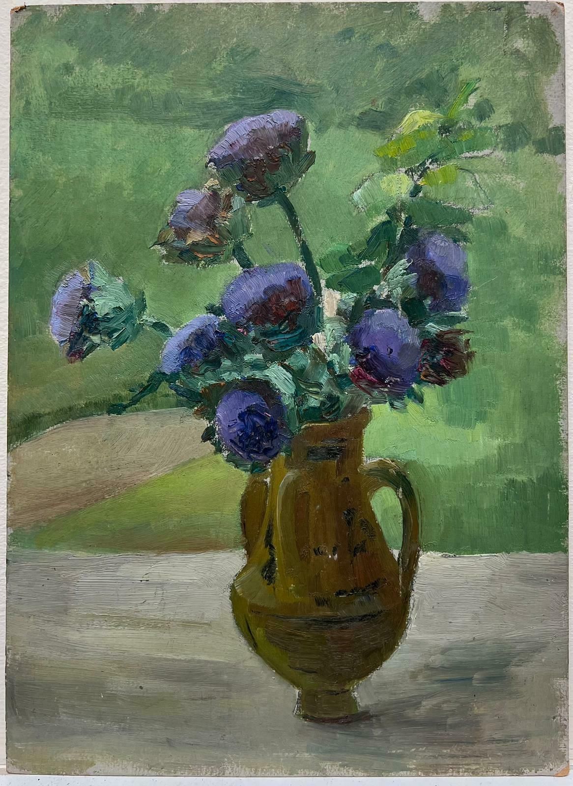 Louise Alixfrench Impressionist Still Life Purple Anemone's In Brown Vase1940's photo furniture