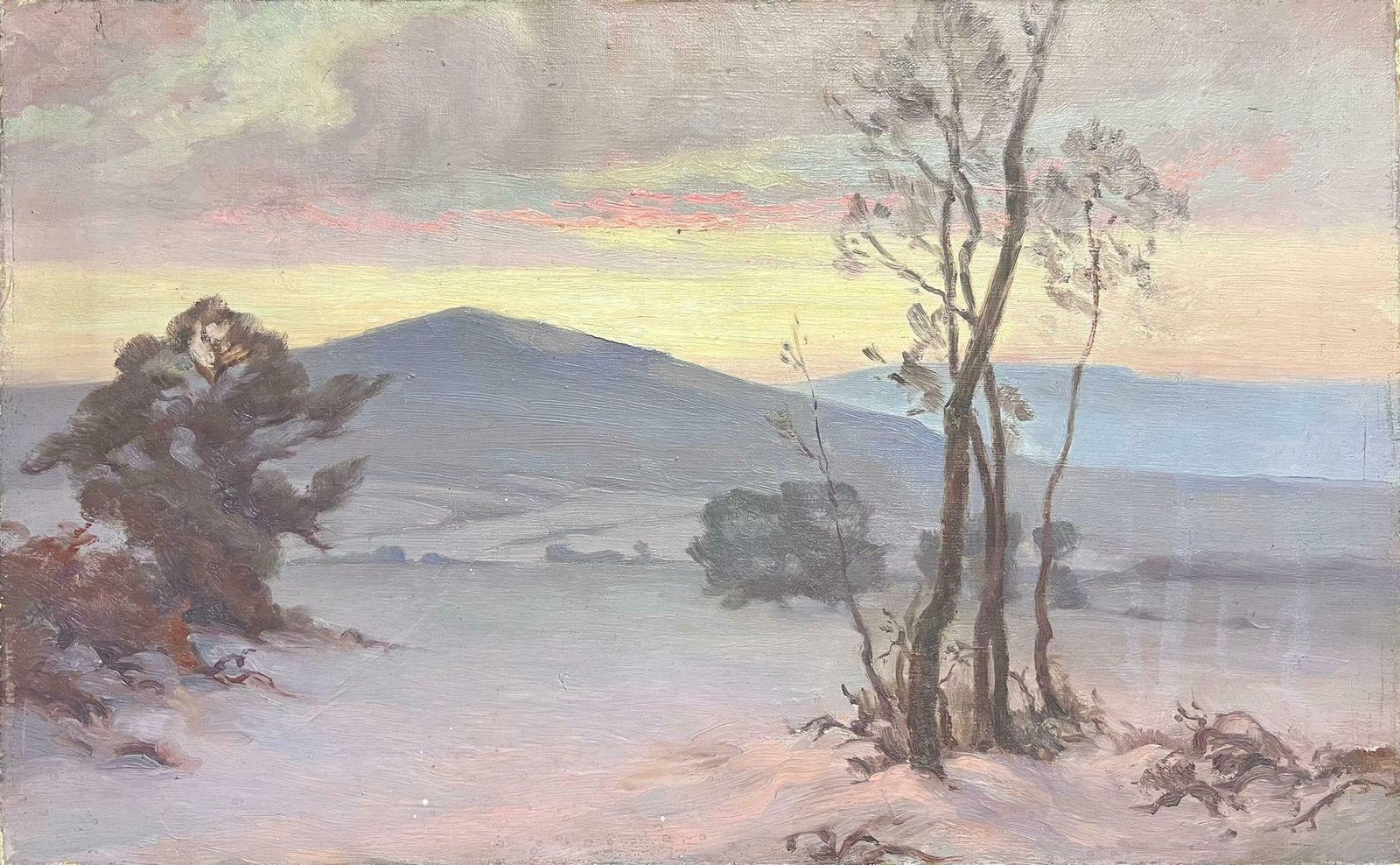 French Schoolromantic Wintery French Landscape 1930's French Oil Painting On Canvas