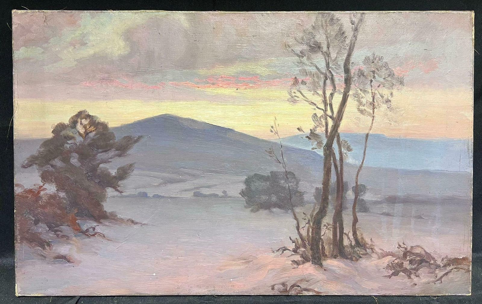 French Schoolromantic Wintery French Landscape 1930's French Oil Painting On Canvas photo furniture