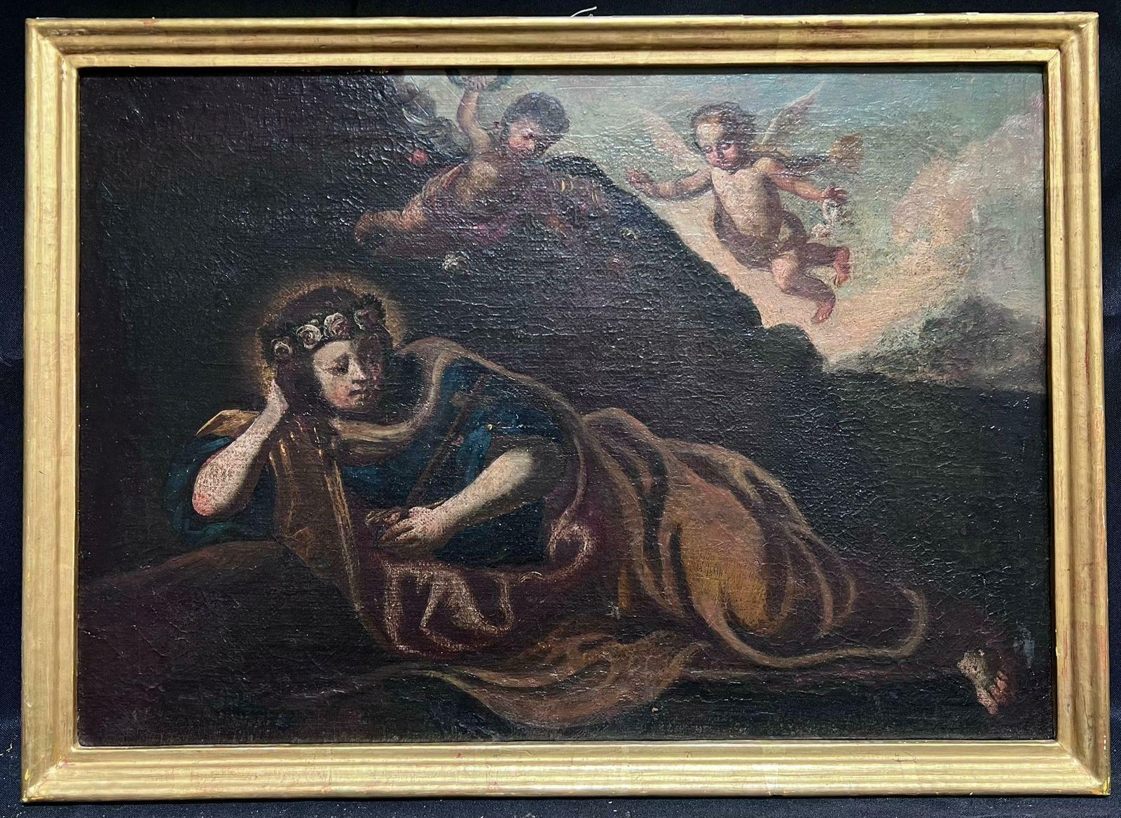 Italian 17th Century Old Mastercherubim Hovering Woman In Wilderness 17th Century Italian Old Master Oil 17th Century