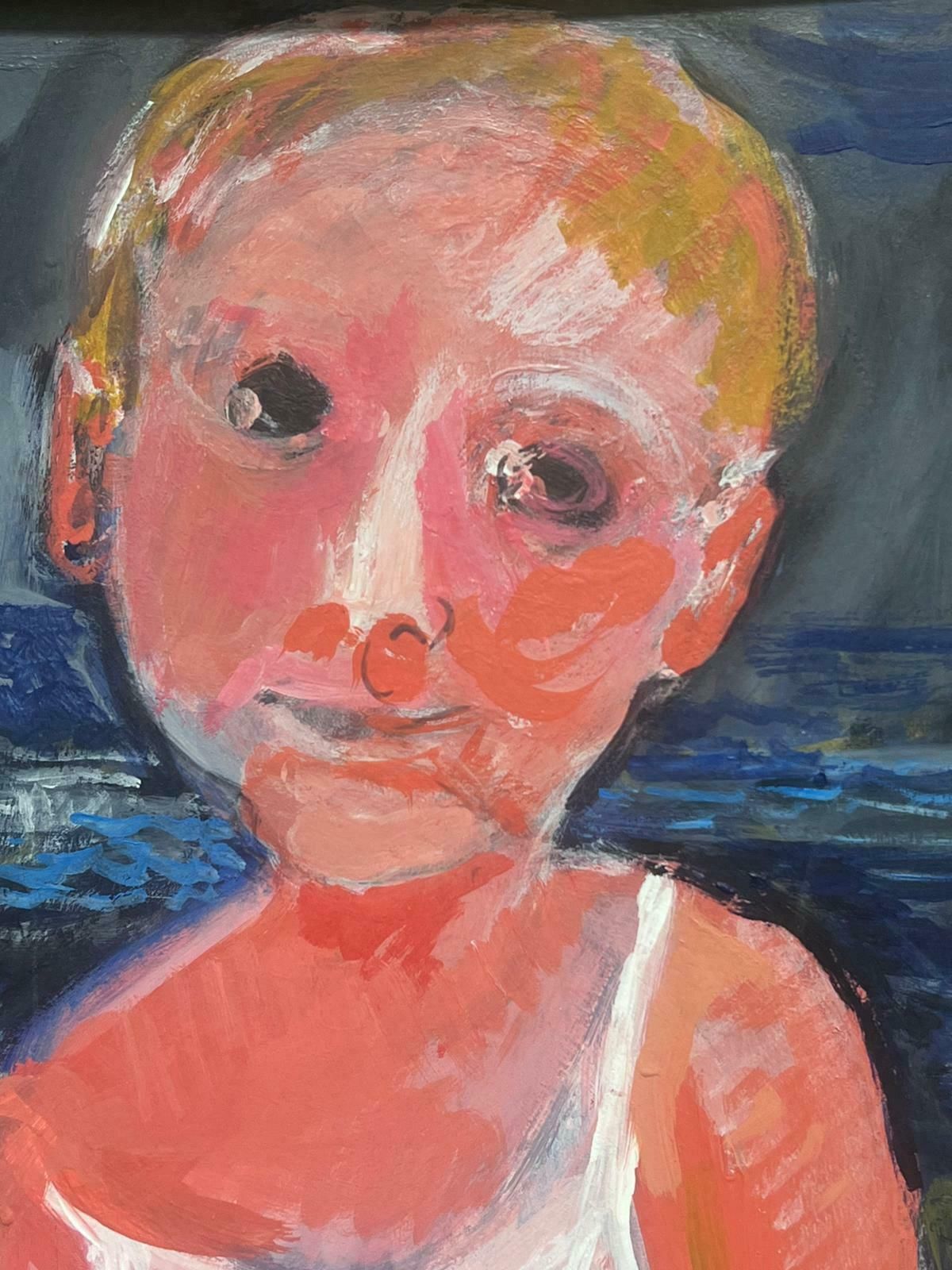 Huguette Ginet Lasnier French Modernist Signed Oil Portrait Of Child On Beach With Sea & Boatc. 2000's photo 816.0