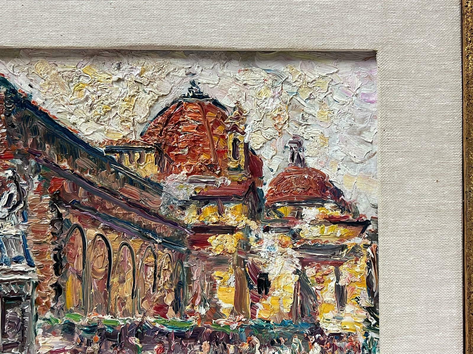 French Schoolvery Thickly Painted French Mid Century Oil Painting Busy European City Figures photo for sale