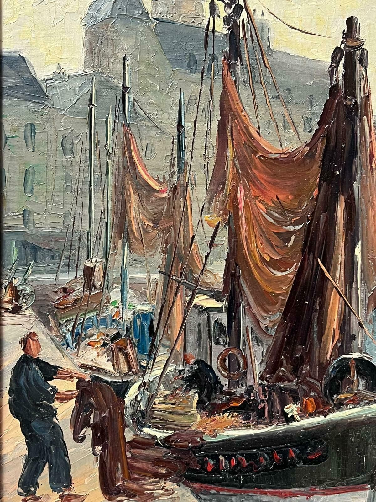 French School1950's French Mid Century Signed Oil Fishermen South Of France Habour With Boats photo for sale