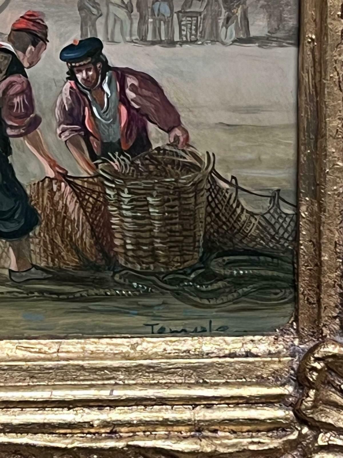 Richard Templetraditional English Oil Painting Fisherfolk Tending Nets On Crowded Beach Coast photo for sale