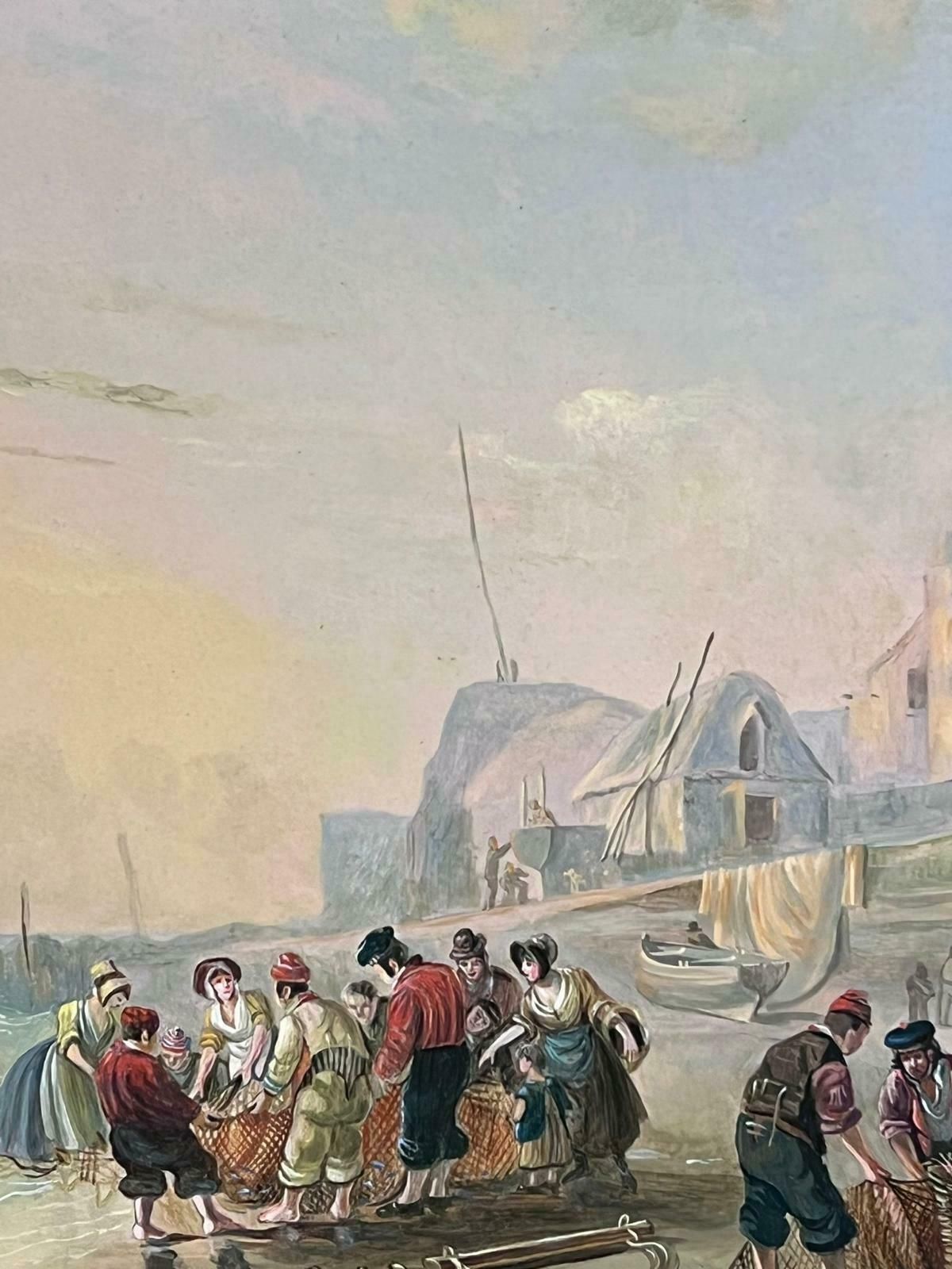 Richard Templetraditional English Oil Painting Fisherfolk Tending Nets On Crowded Beach Coast photo 1380.0
