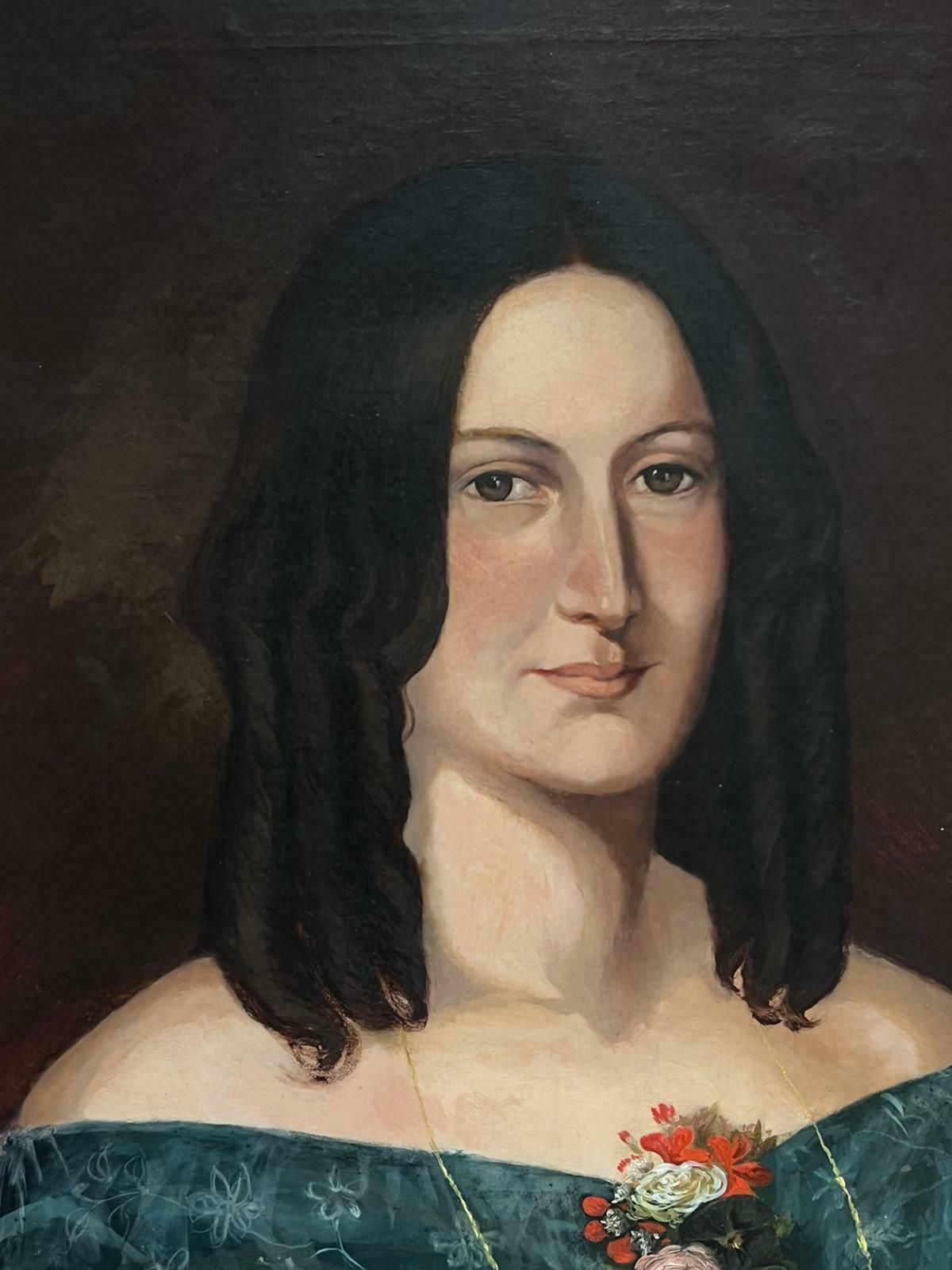 French Schoollarge 19th Century French Portrait Of Lady With Roses & Smart Dress Oil Painting photo vinterior