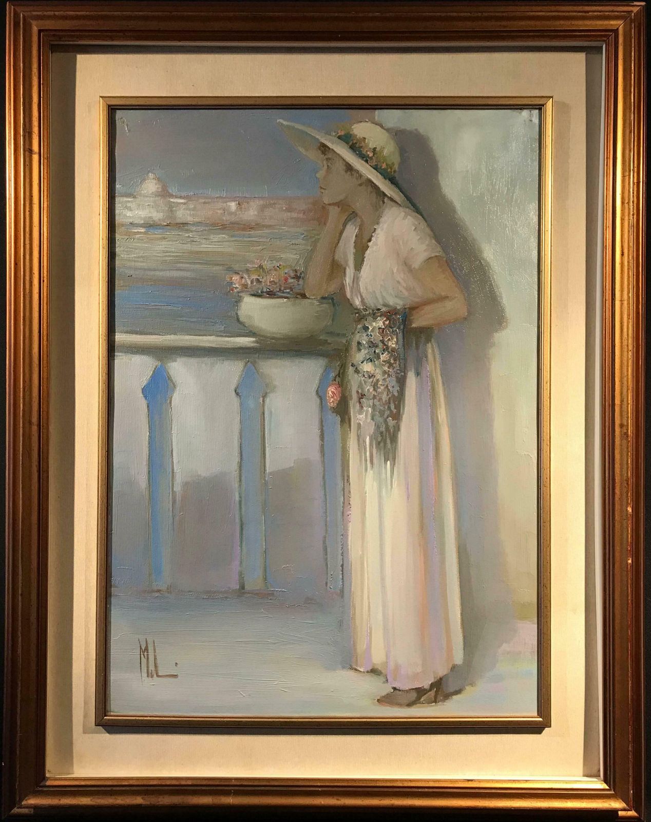 Innocenzo Melanilady On Venetian Balcony Signed Impressionist Oil Paintingc.1970's photo furniture