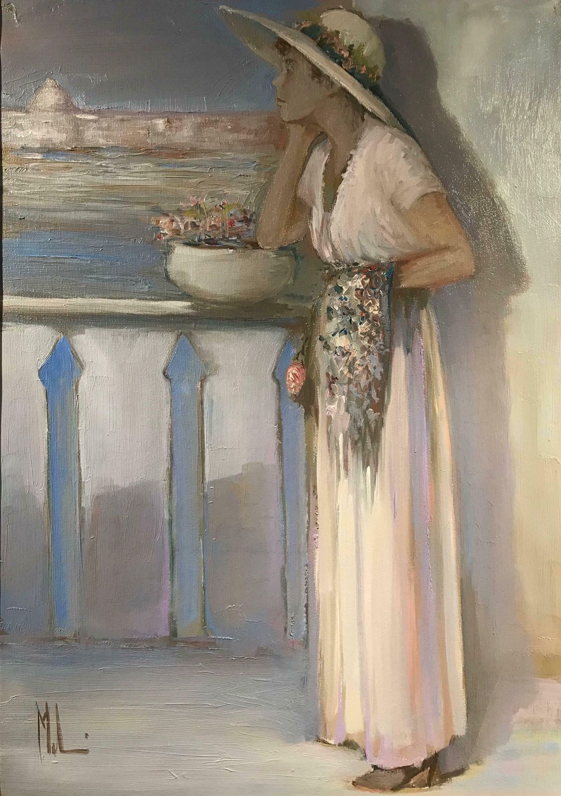 Innocenzo Melanilady On Venetian Balcony Signed Impressionist Oil Paintingc.1970's photo for sale