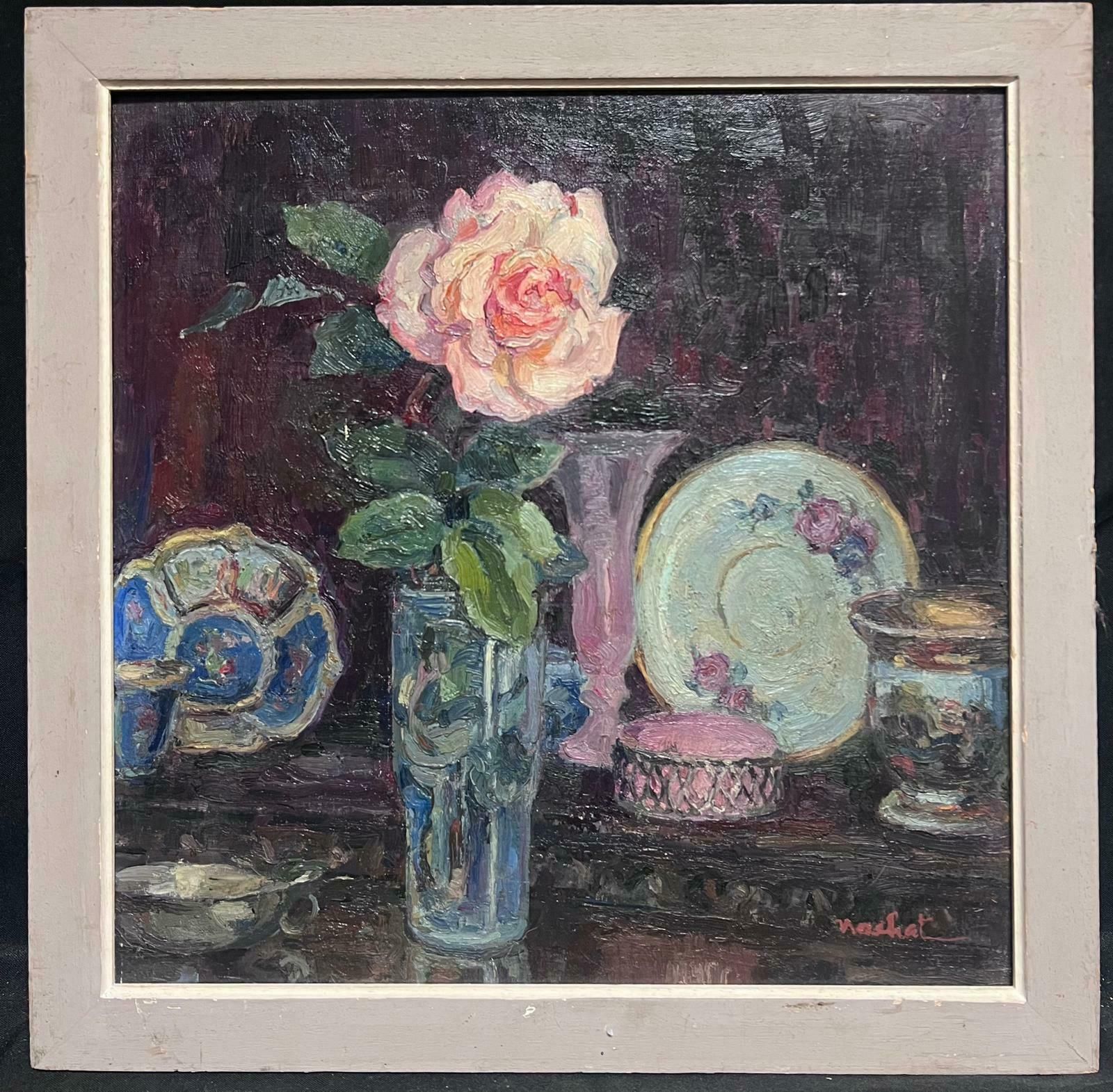 French Schoolpink Rose In Vase Signed French Impressionist Interior Scene Oil Painting photo furniture