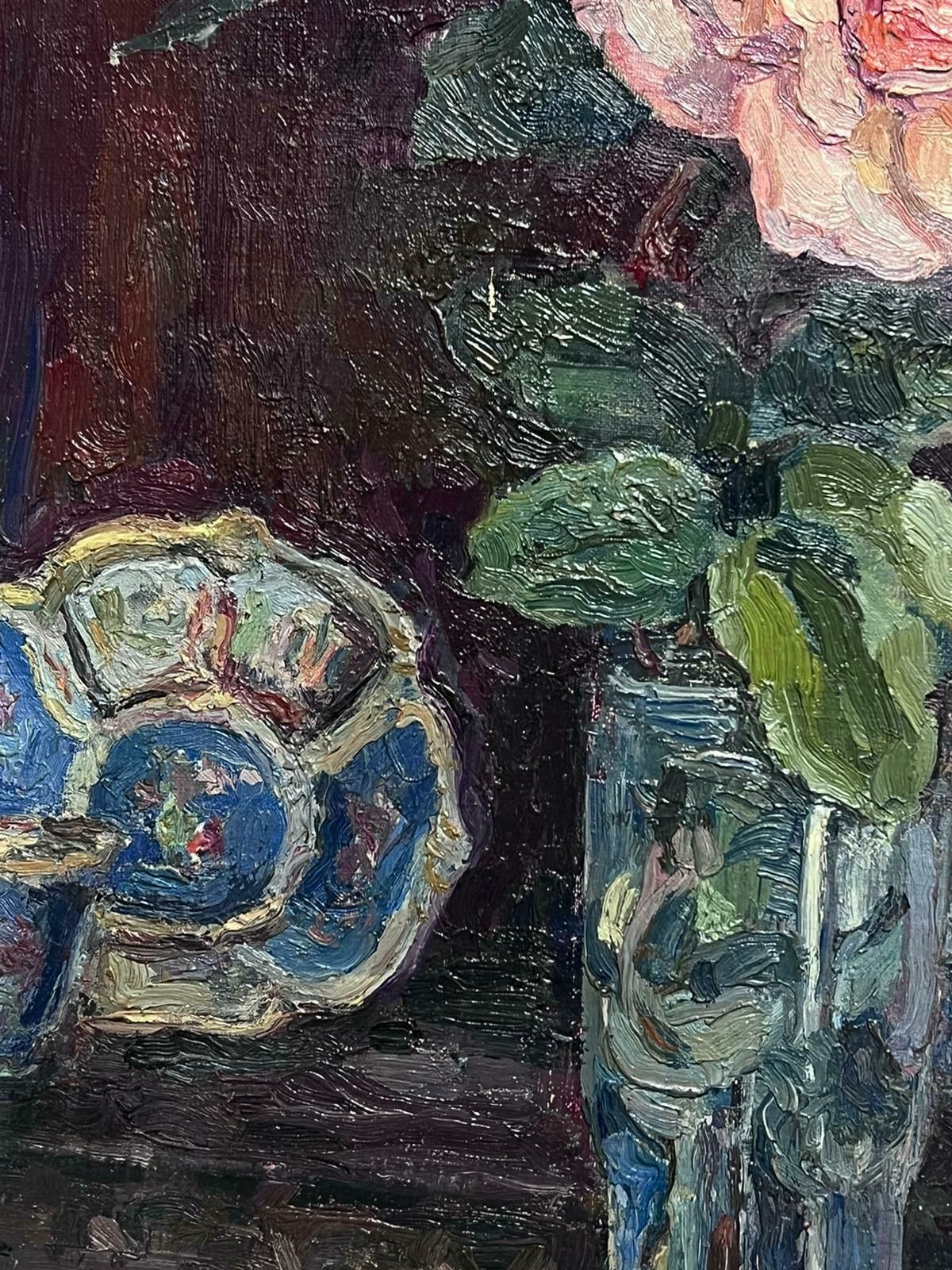 French Schoolpink Rose In Vase Signed French Impressionist Interior Scene Oil Painting photo for sale