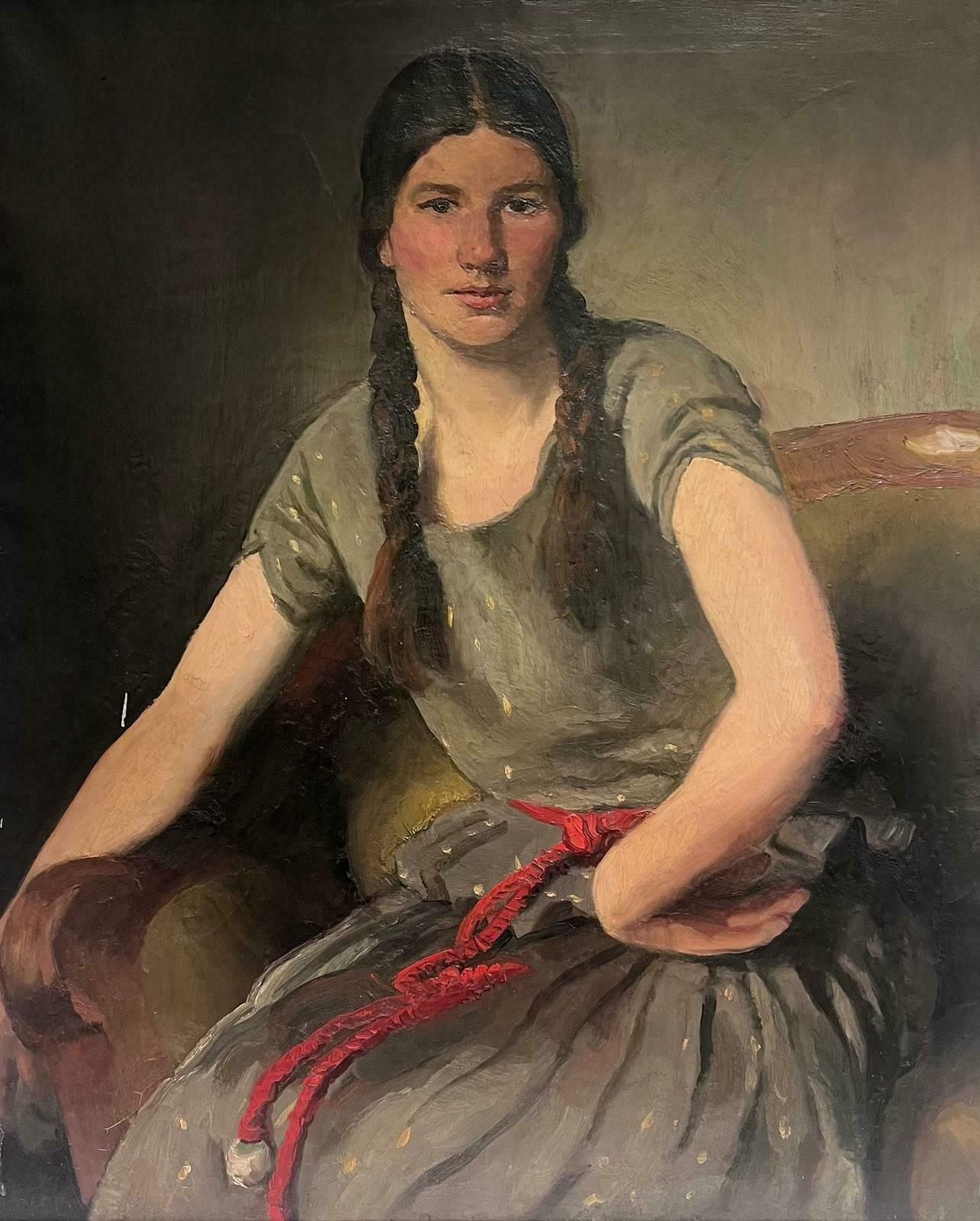 European Late 19thchuge Antique European Portrait Of Girl With Plaits In Hair Oil On Canvas