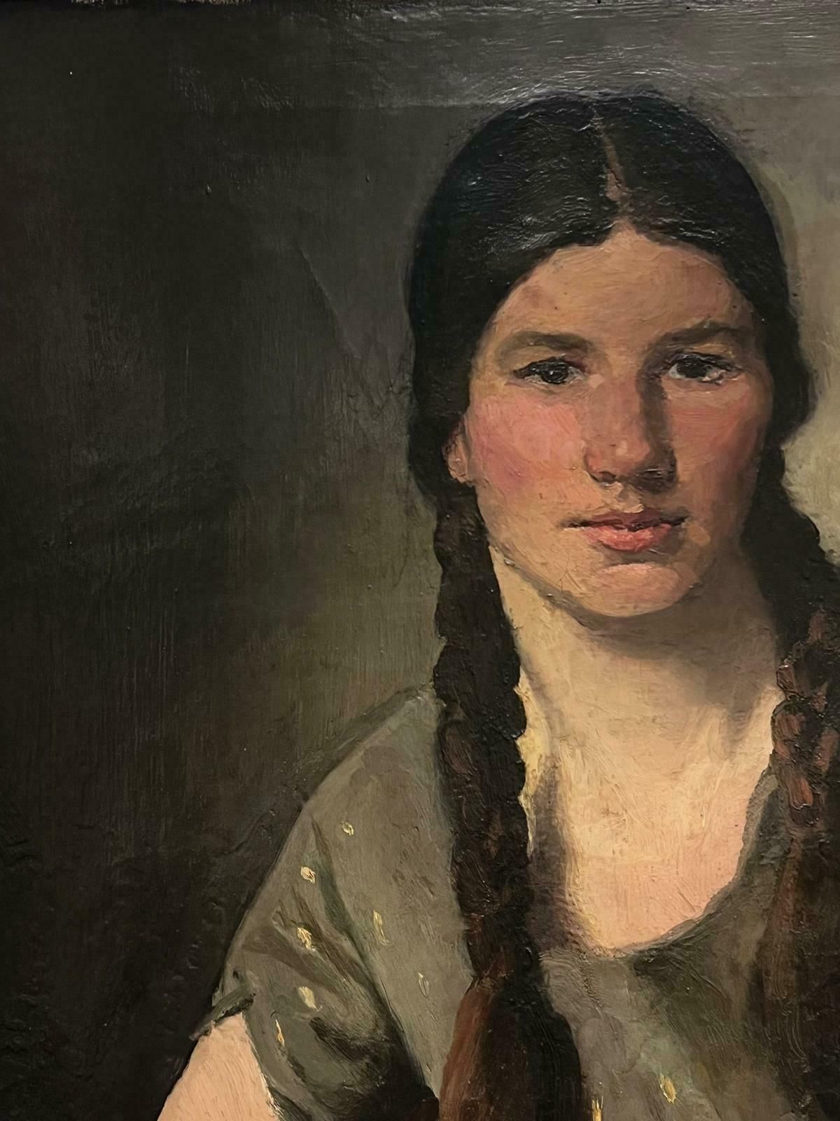 European Late 19thchuge Antique European Portrait Of Girl With Plaits In Hair Oil On Canvas photo Art