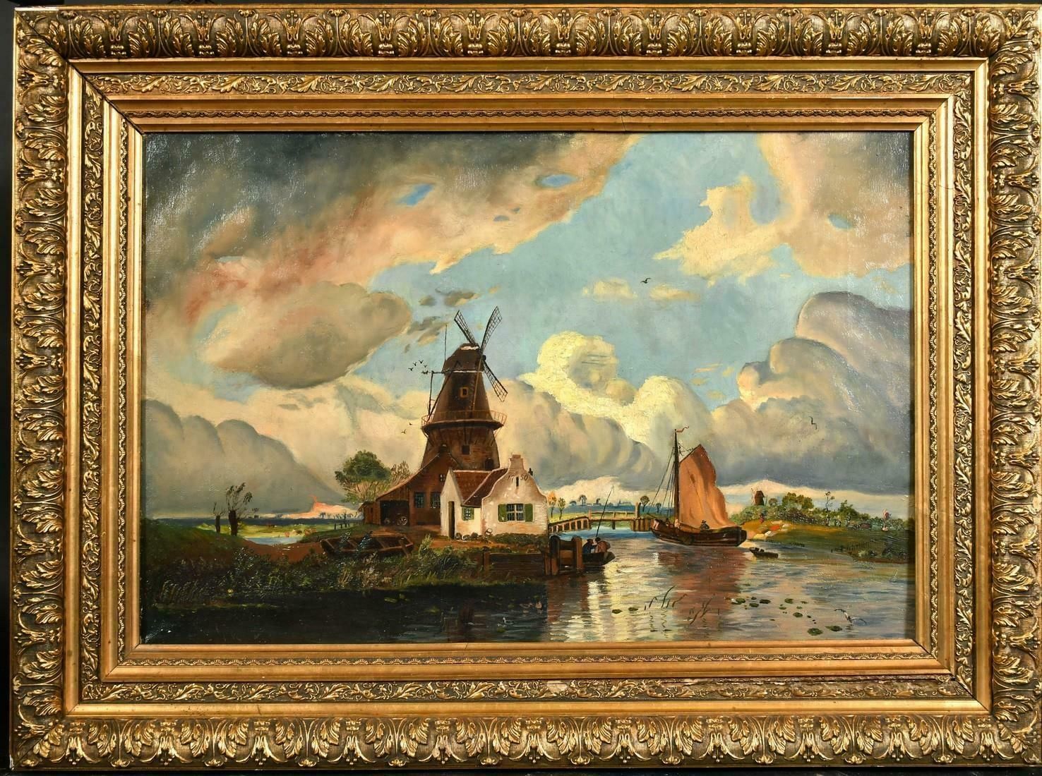 19th Centuryantique Dutch Oil Painting Windmill Under Windswept Skies Large Gilt Frame