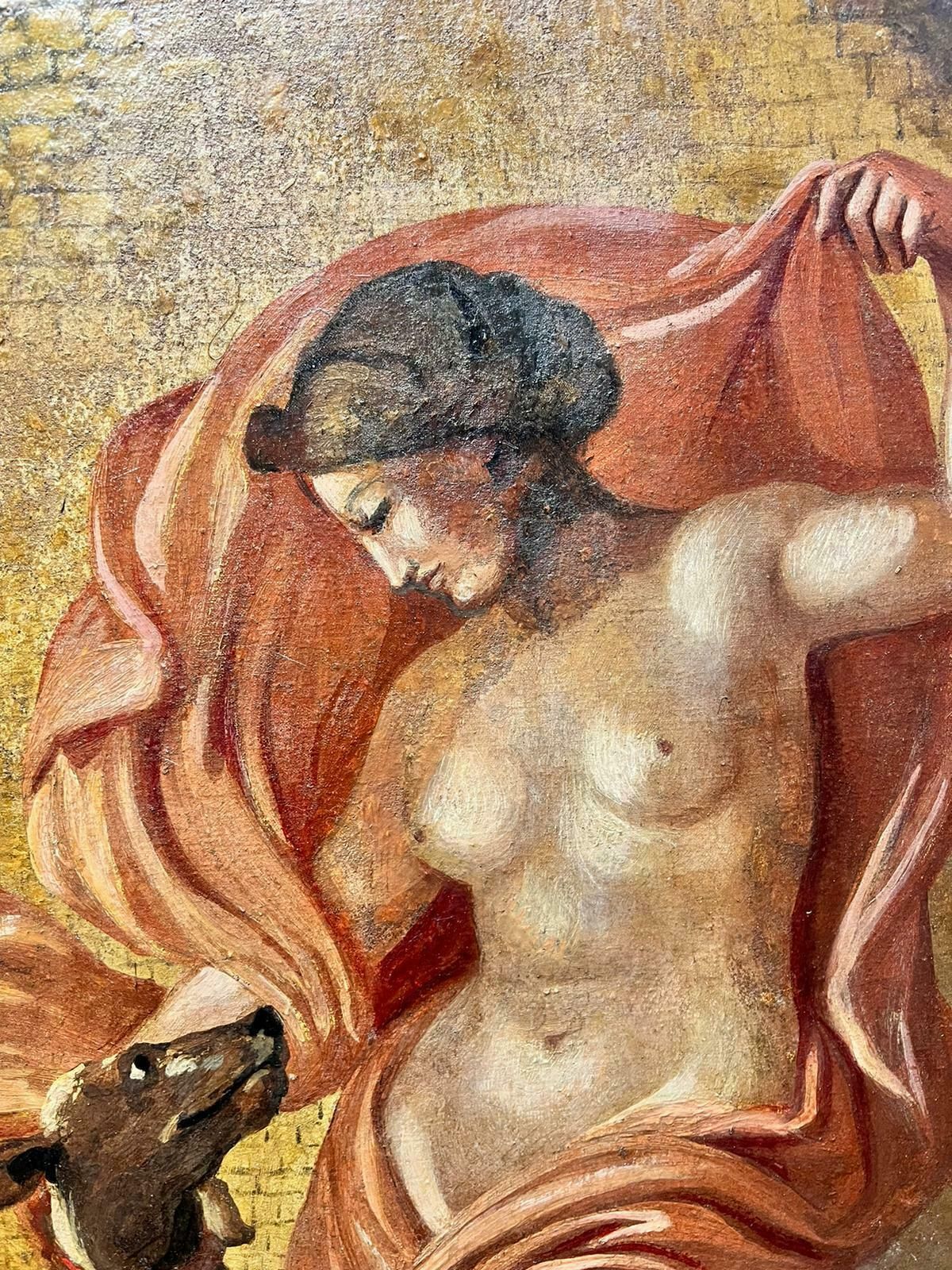 Italian 19th Cfine Antique Classical Nude Draped In Robes Dancing With Dog Gold Background photo 1282.0
