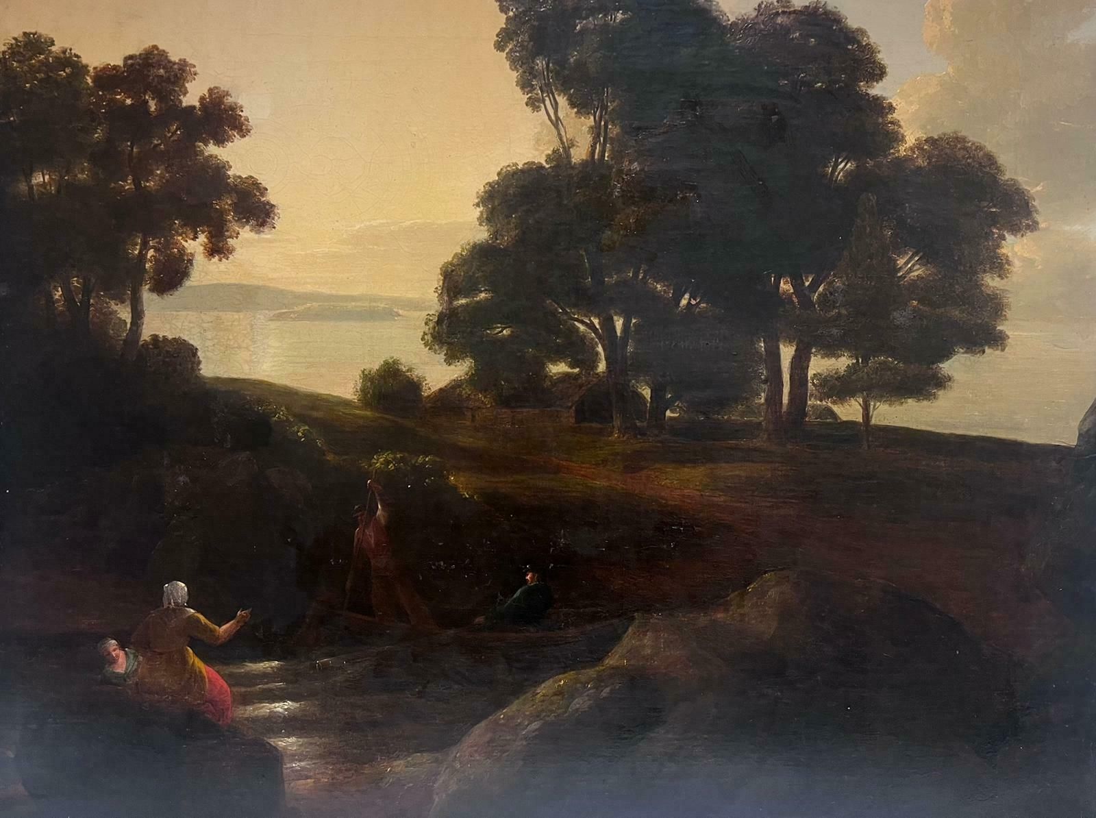 British 18thhuge 18th Century British Oil Painting Dusk Landscape Figures Boat & Lake
