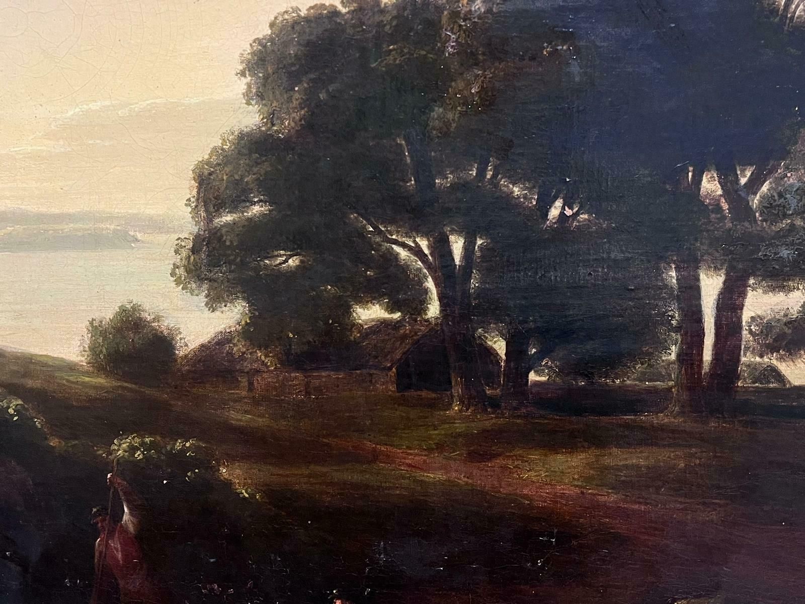 British 18thhuge 18th Century British Oil Painting Dusk Landscape Figures Boat & Lake photo furniture