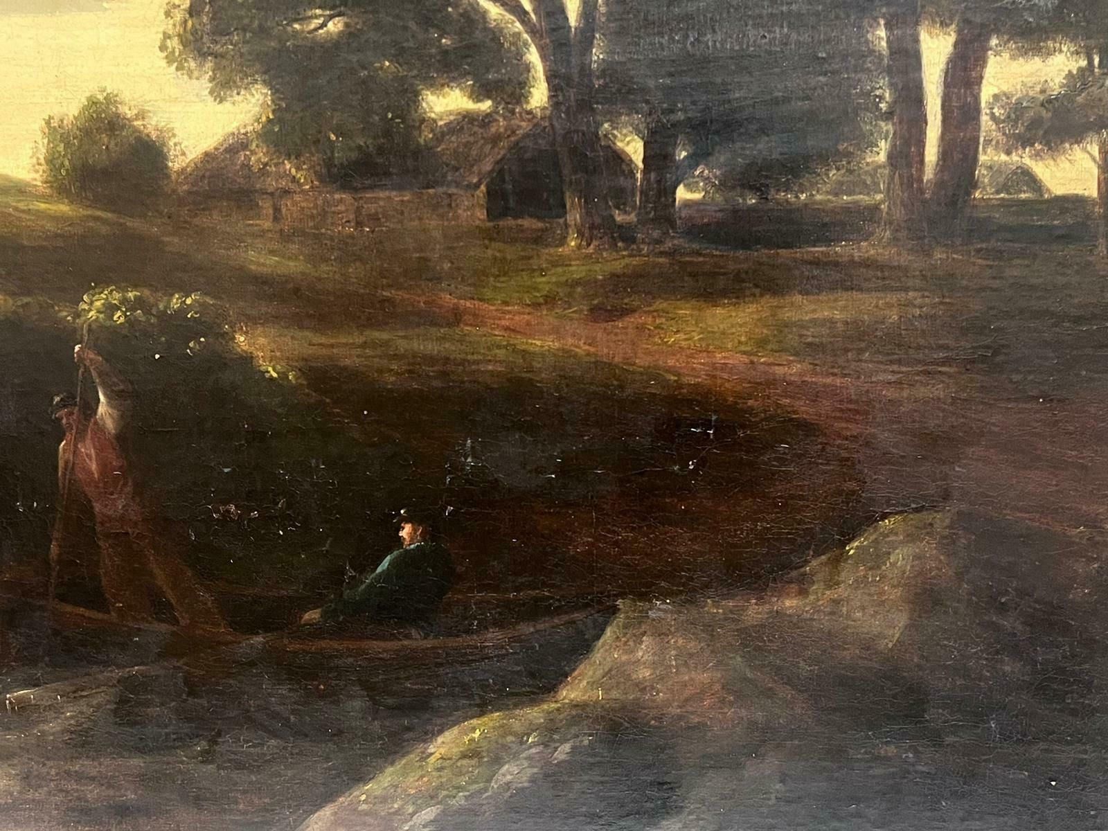 British 18thhuge 18th Century British Oil Painting Dusk Landscape Figures Boat & Lake photo for sale