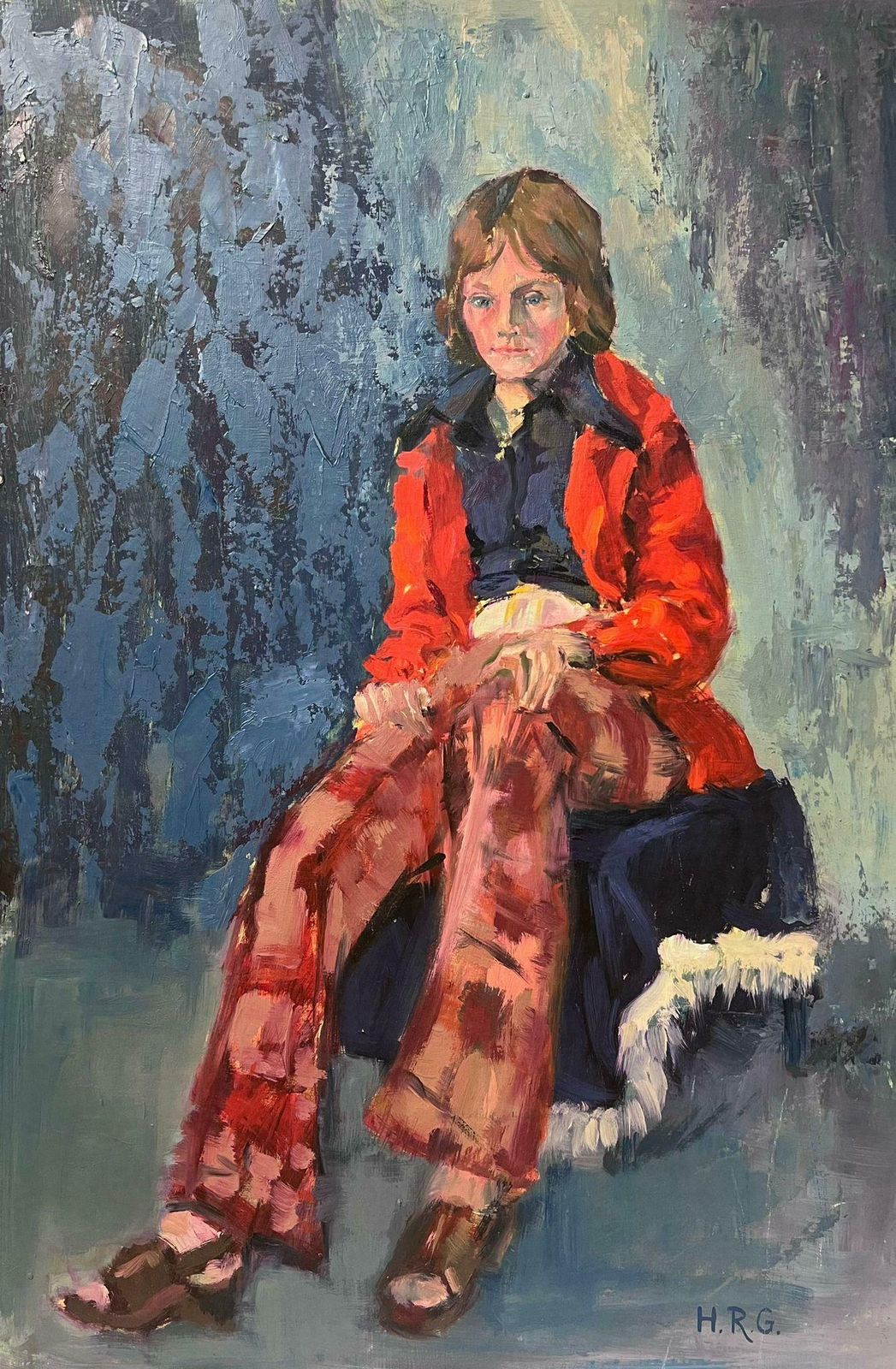 Helen Greenfieldmodern British Portrait Of Lady In Red Coat Tartan Trousers 20th Century Oil photo for sale
