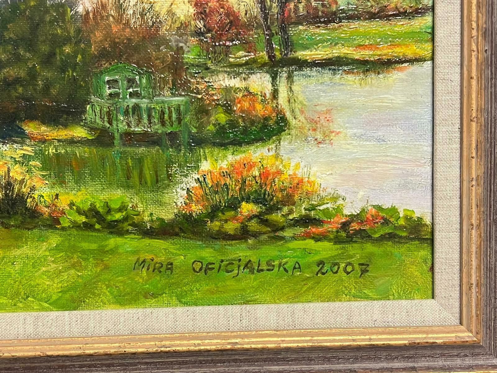 Hungarian Impressionistgarden Lake Landscape With Bridge Over Water Signed Impressionist Oil Painting photo for sale