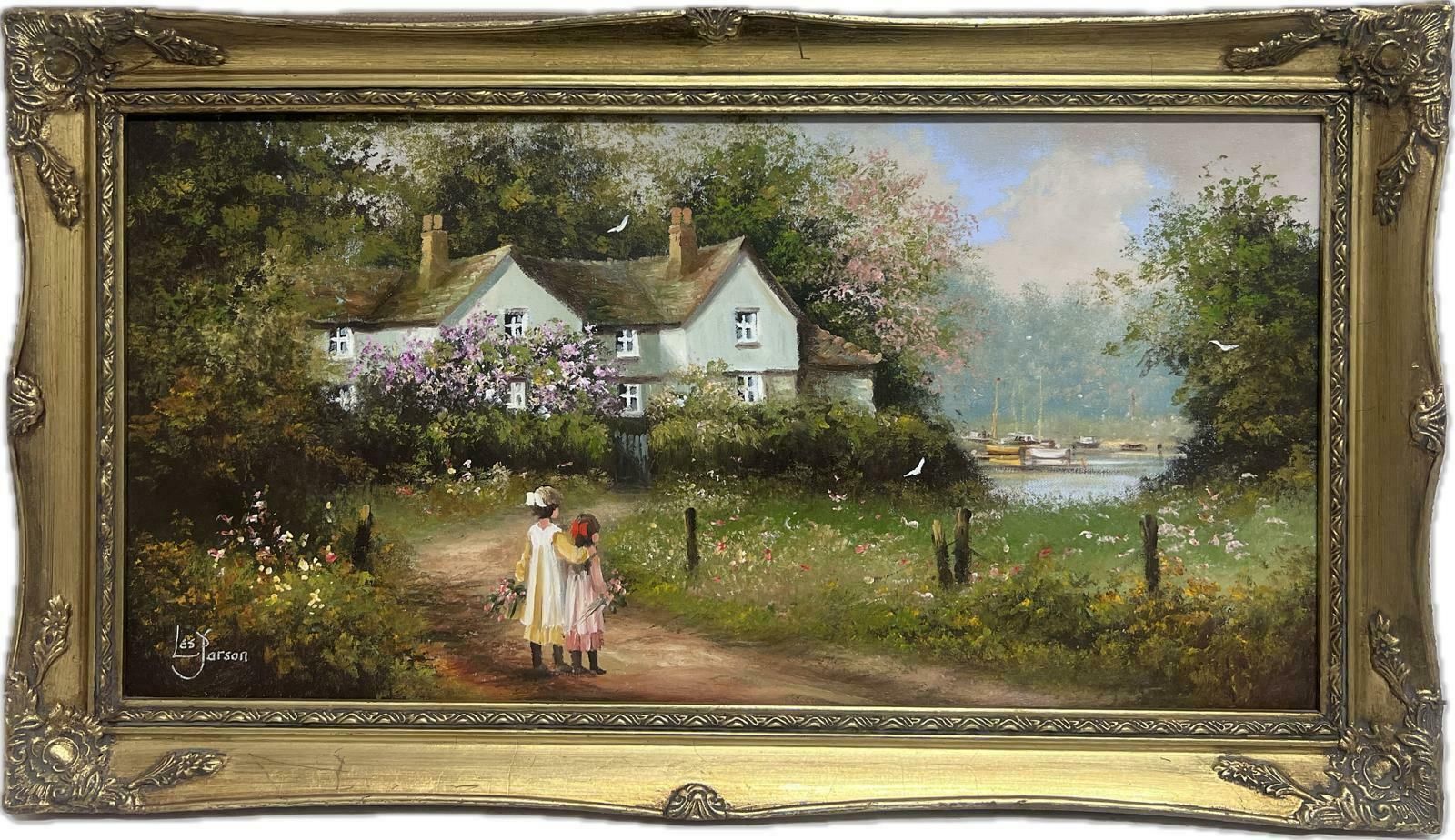 Les Parsonstraditional English Signed Oil Painting Children In Cottage Flower Garden photo furniture