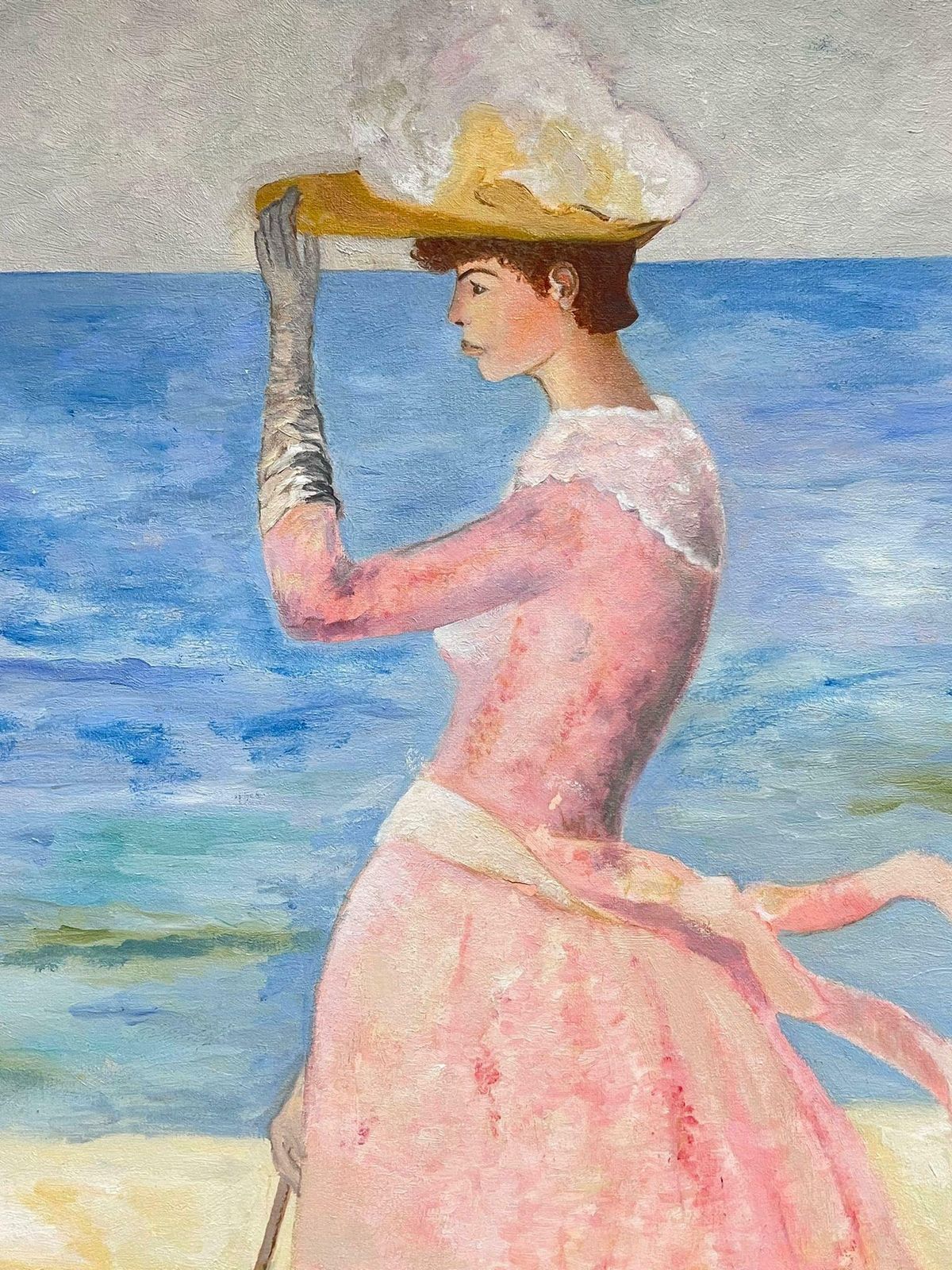 French School Portrait Of Elegant Lady In Pink Dress With Parasol By Beach Original French Oil photo furniture