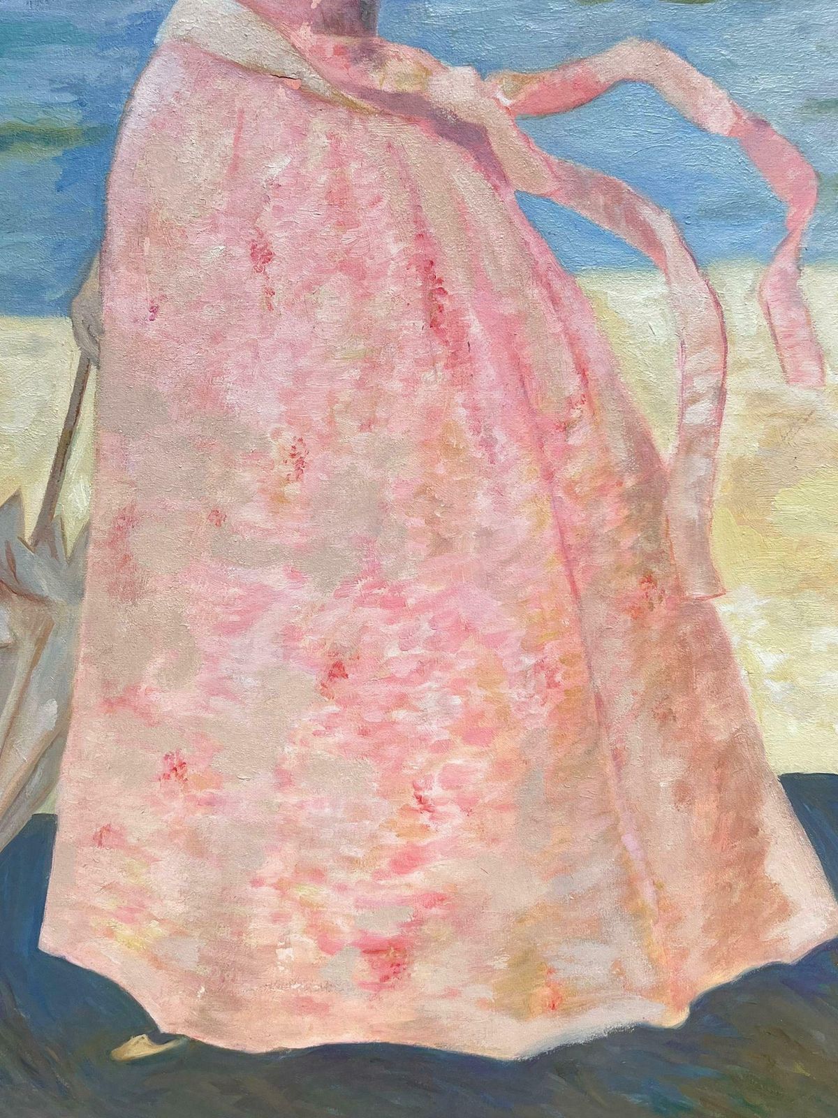 French School Portrait Of Elegant Lady In Pink Dress With Parasol By Beach Original French Oil photo vinterior