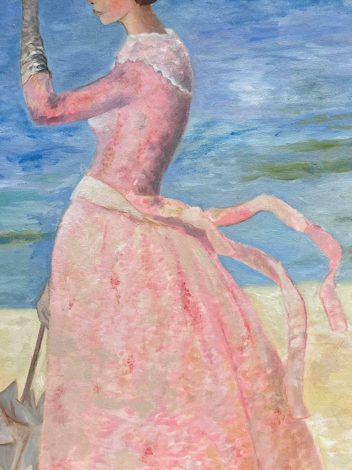 French School Portrait Of Elegant Lady In Pink Dress With Parasol By Beach Original French Oil photo buy