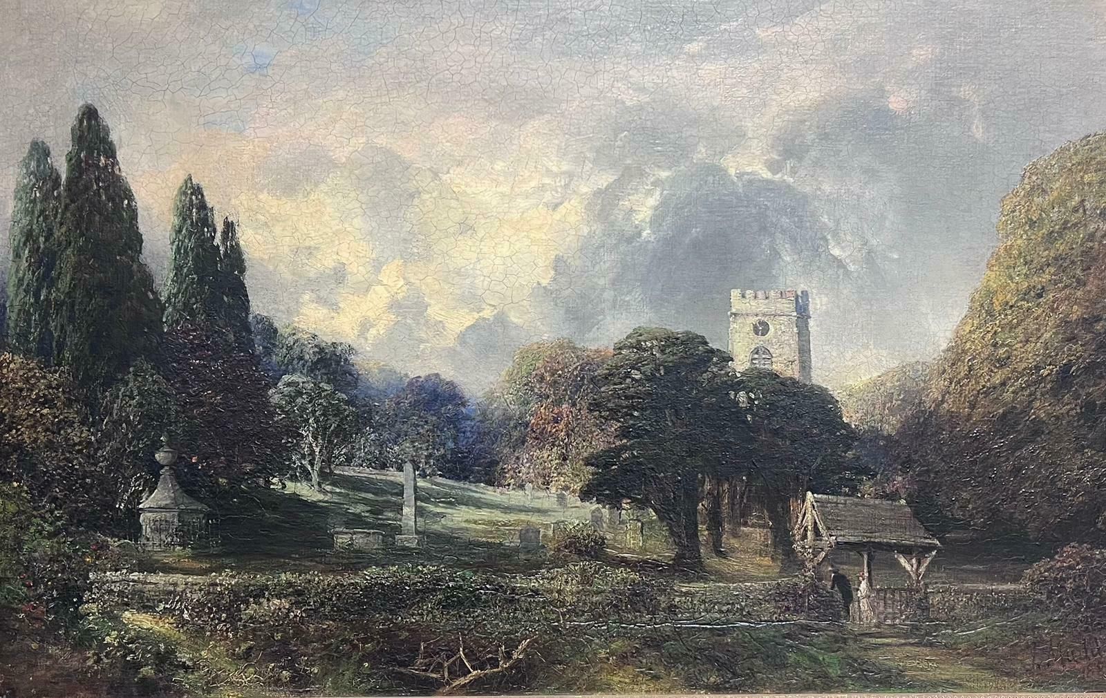 James Muddfine Large Victorian Signed English Oil Figures Entering Country Churchyard 1889