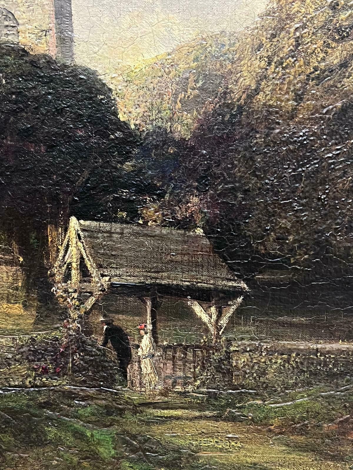 James Muddfine Large Victorian Signed English Oil Figures Entering Country Churchyard 1889 photo vintage