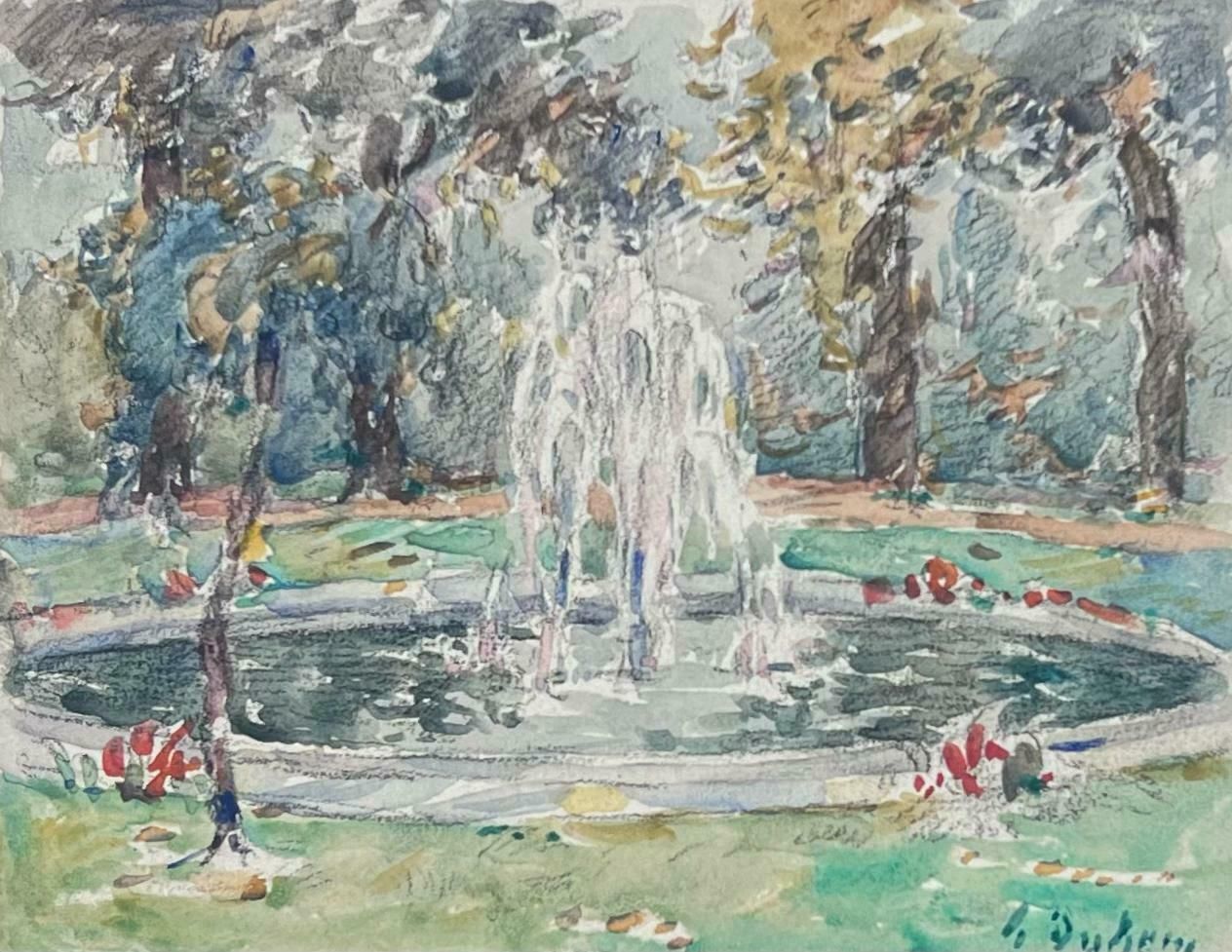 Henri Aime Duhemfine Antique French Impressionist Painting Park Pond With Fountain