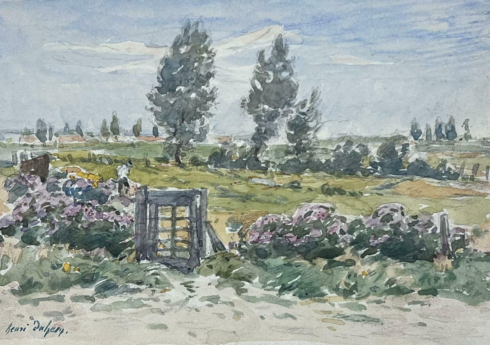 Henri Aime Duhemfine Antique French Impressionist Painting Country Landscape With Figure & Gate