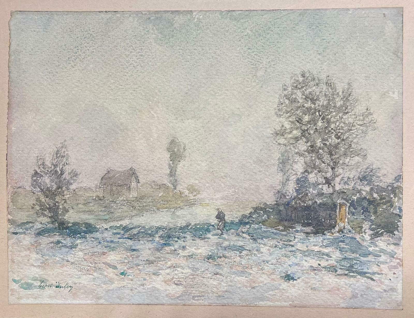 Henri Aime Duhemfine Antique French Impressionist Winter Country Landscape House In Distance photo furniture