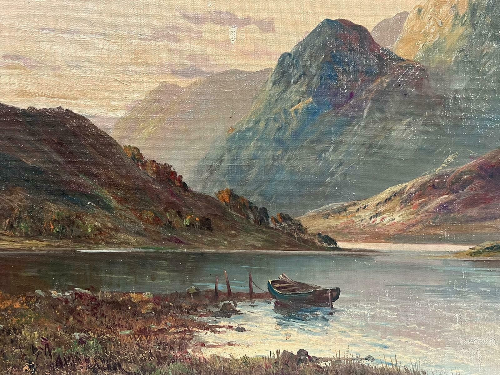 Francis E. Jamiesondusk In The Scottish Highlands Antique Signed Oil Painting Boat In Loch Scene photo vinterior