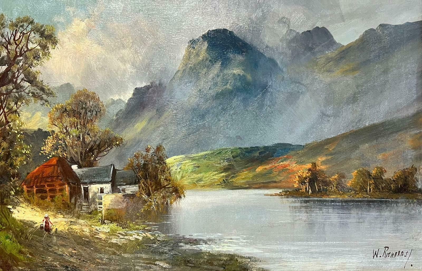 Francis E. Jamiesonscottish Highlands Antique Oil Painting Figure By Cottage Loch Landscapec.1920's