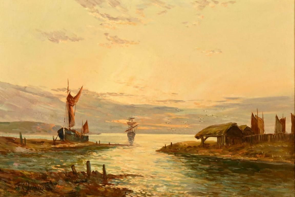 Francis E. Jamiesonantique Scottish Oil Painting   Beautiful Sunrise Coastal Harbour With Boats photo furniture