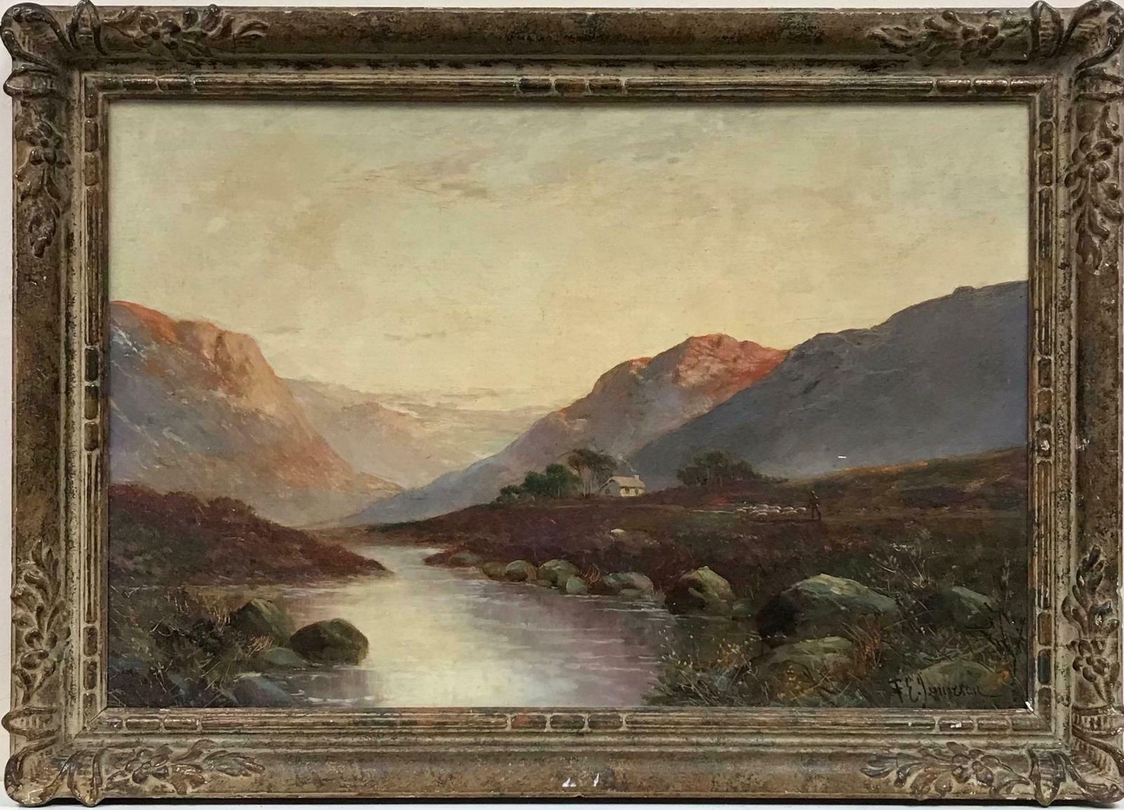 Francis E. Jamiesonantique Scottish Highlands Cottage In Mountain Glen At Sunset, Signed Oil photo furniture