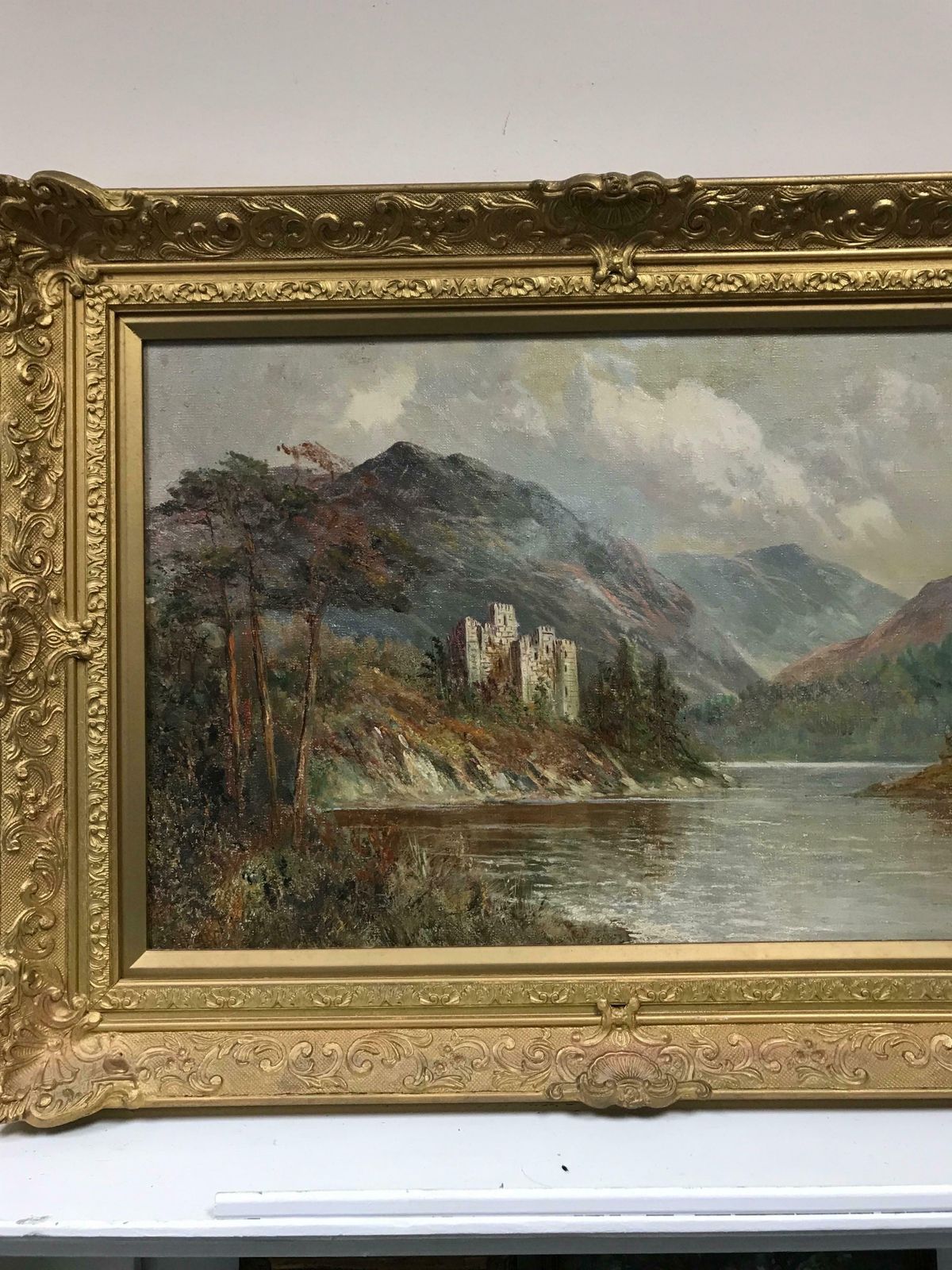 Francis E. Jamiesonantique Scottish Oil Painting Ancient Castle Standing On Loch Waters, Signed photo vinterior