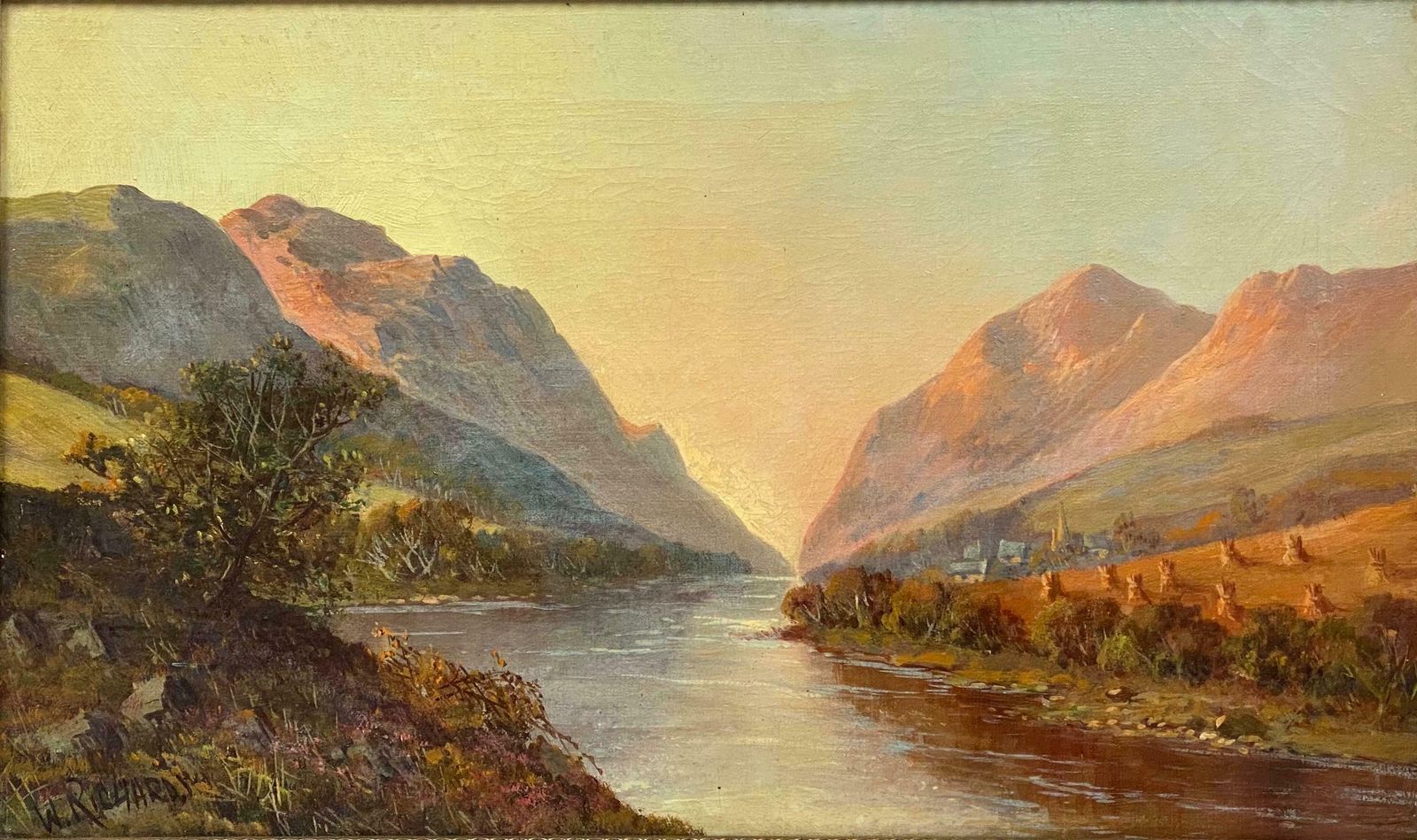 Francis E. Jamiesonantique Scottish Highlands Oil Painting Golden Harvest Field By The River Bankc.1930's