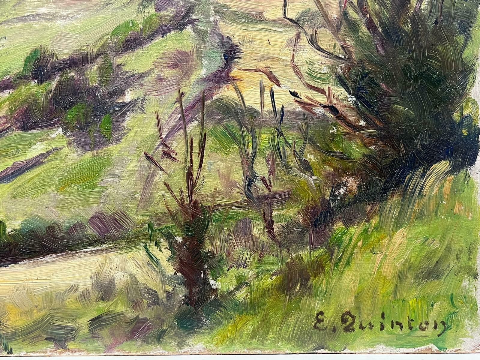 Edmond Quintonfrench Impressionist Signed Oil Painting Church On Top Of Steep Green Hill1930's photo for sale