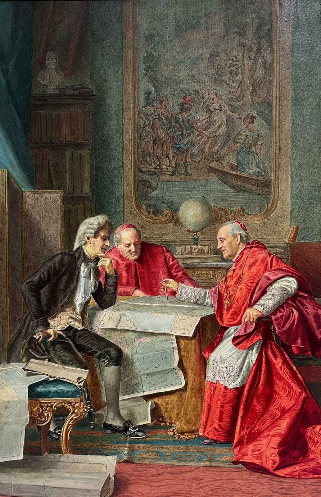 Italian Antiquecardinals & Explorer Discussing Maps Grand Elaborate Interior Antique Painting