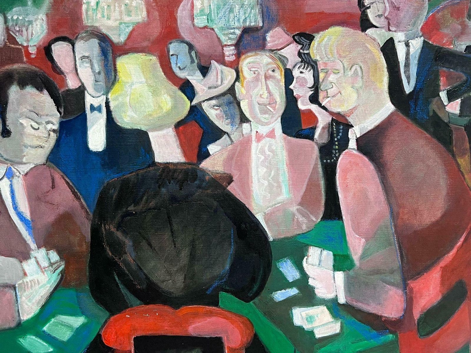 French Schoollarge 1970's French Modernist Oil Painting The Card Game Players Casino Interior photo vinterior