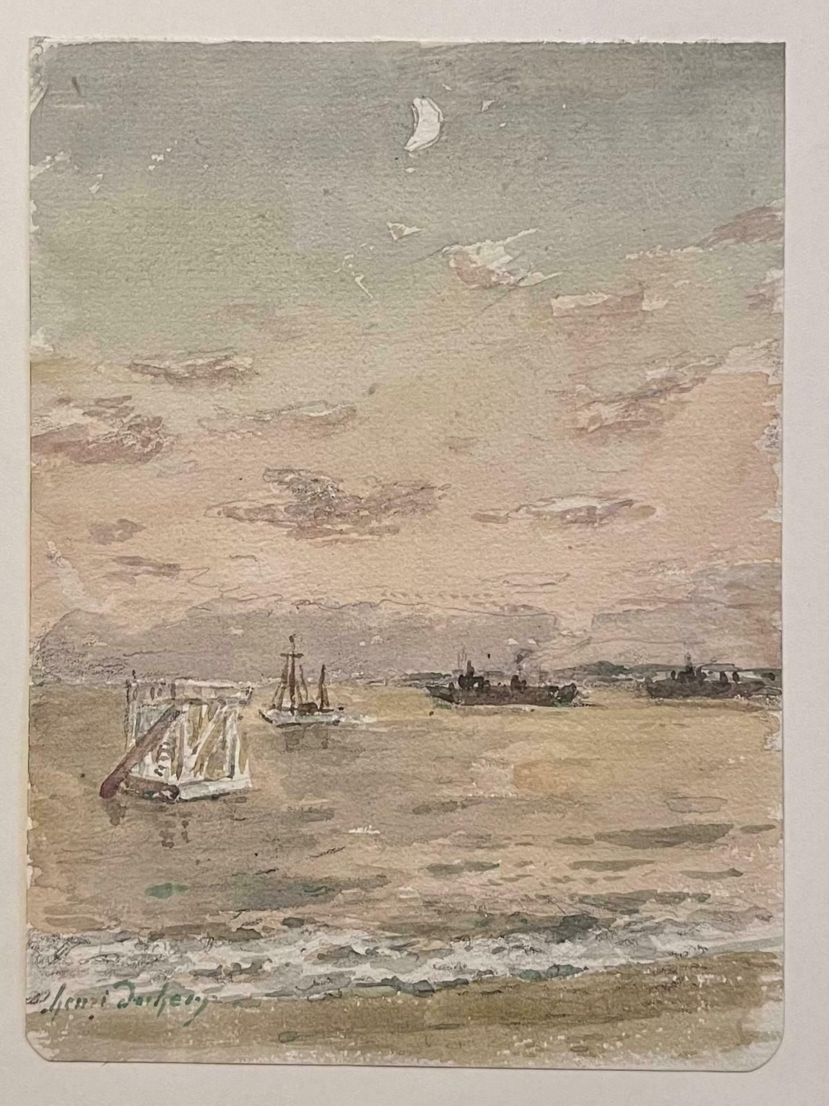 Henri Aime Duhemfine Antique French Impressionist Painting Diving Board Jetty Boats At Sea