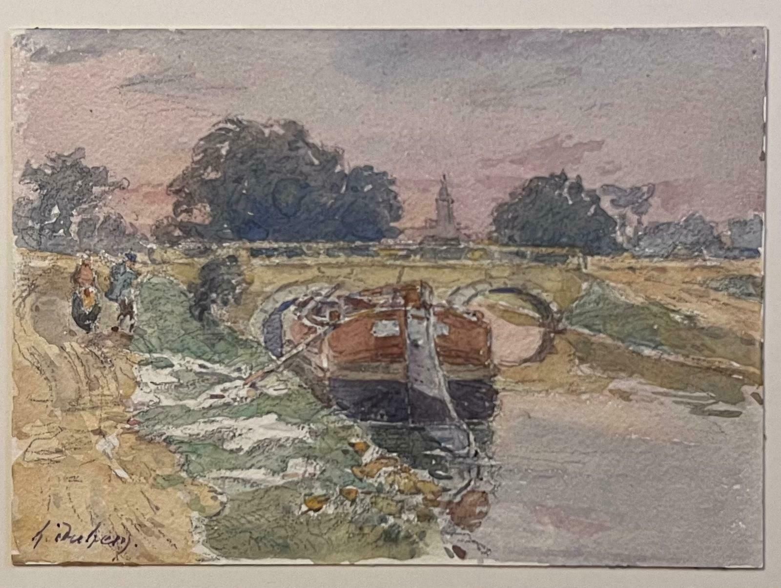 Henri Aime Duhemfine Antique French Impressionist Painting Canal Barge Bridge & Walkers On Path