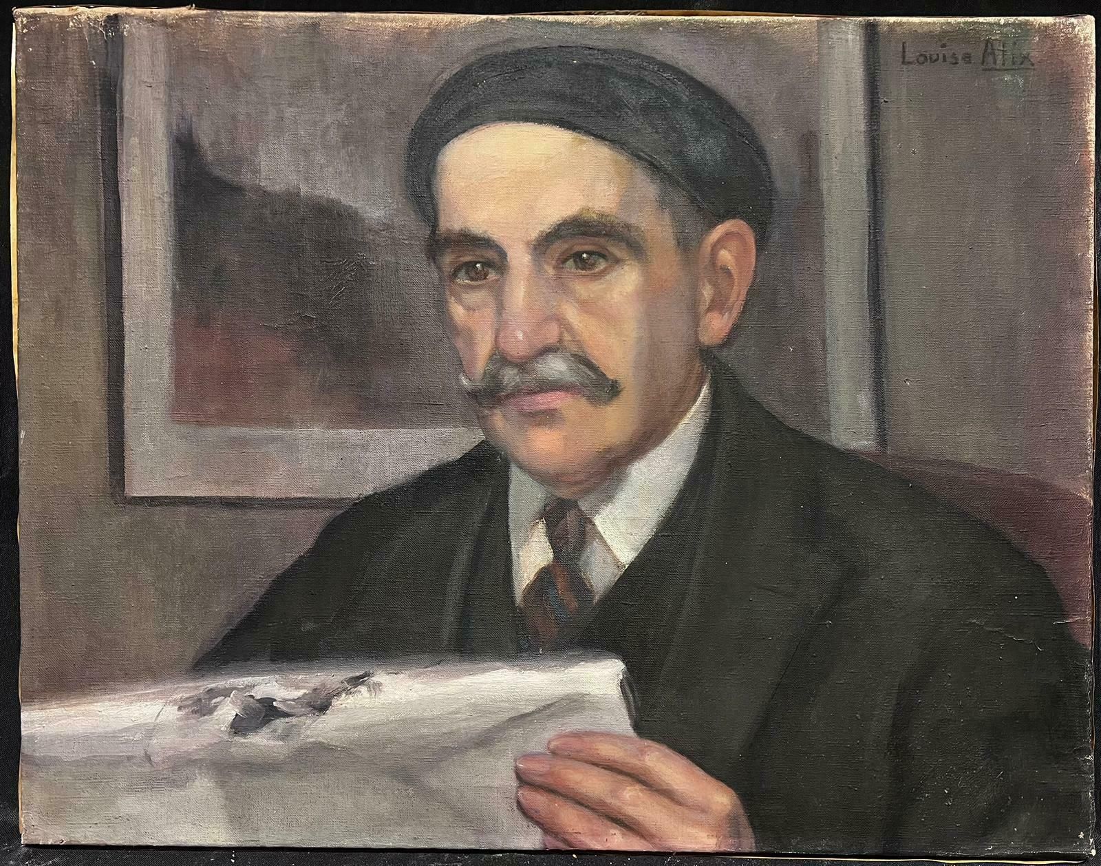 Louise Alix1930's French Portrait Man With Moustache Reading Paper Signed Oil Painting1940's photo furniture