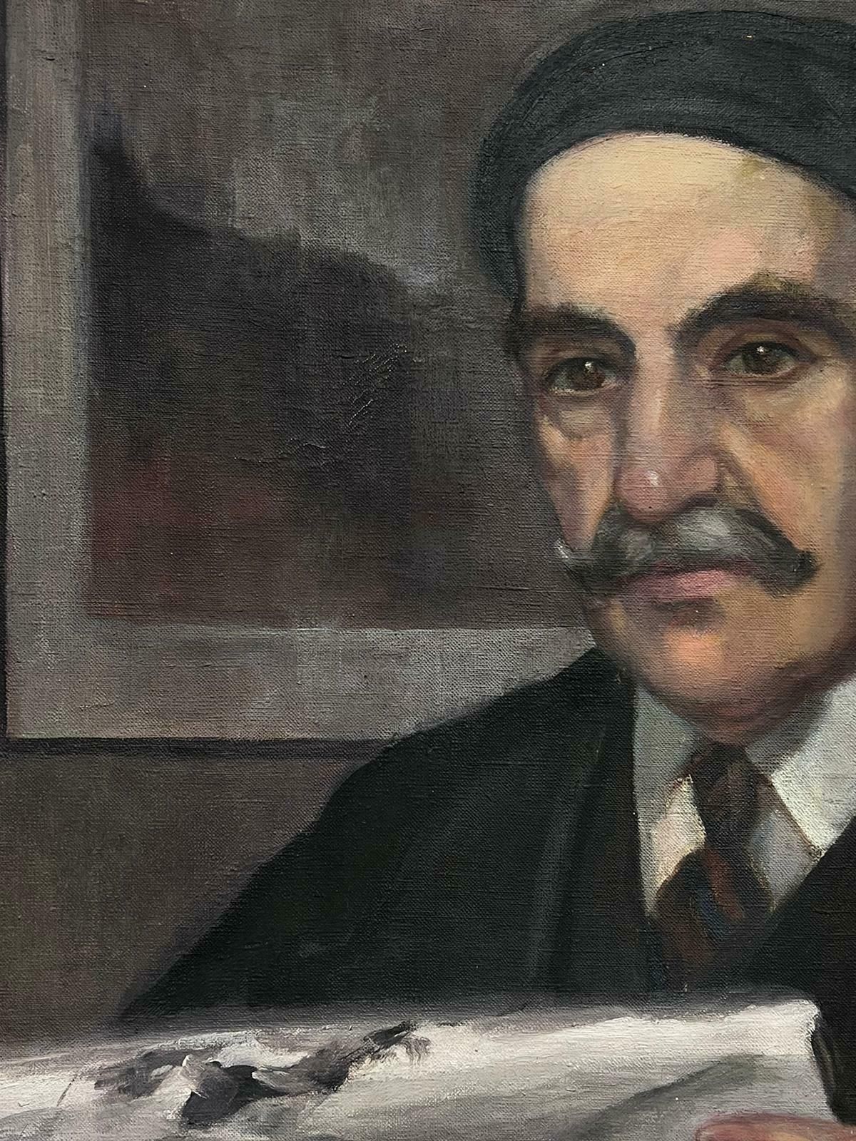 Louise Alix1930's French Portrait Man With Moustache Reading Paper Signed Oil Painting1940's photo for sale